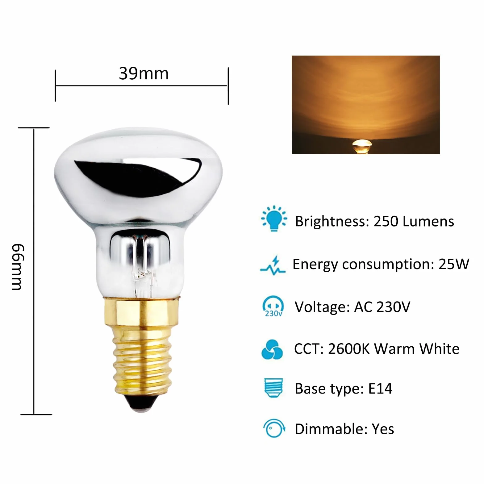 Akynite Żarówka lawowa, E14 R39, 25 W, ściemniana, ciepła biel 2600 K, 250 lm, lampa reflektorowa, filament z małą oprawką, AC 220 V, zamiennik żarówki do lampy lawowej, 3 sztuki