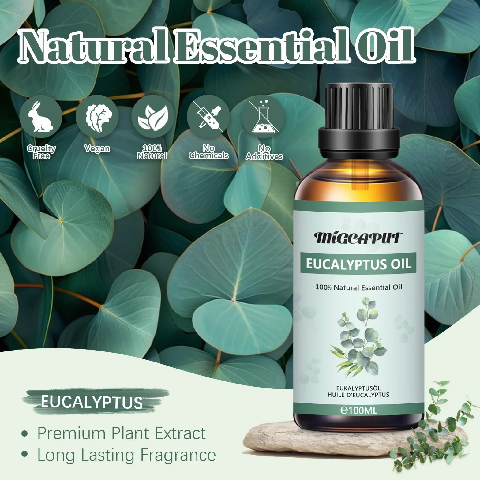 MIGCAPUT Olejek Eteryczny z Eukaliptusa 100ML, Naturalny Olejki Aromaterapeutyczny, Eukaliptusa Olejek Zapachowy Premium do Dyfuzora, SPA, Masażu, Ręcznie Robione Mydło, Ręcznie Robione Świece