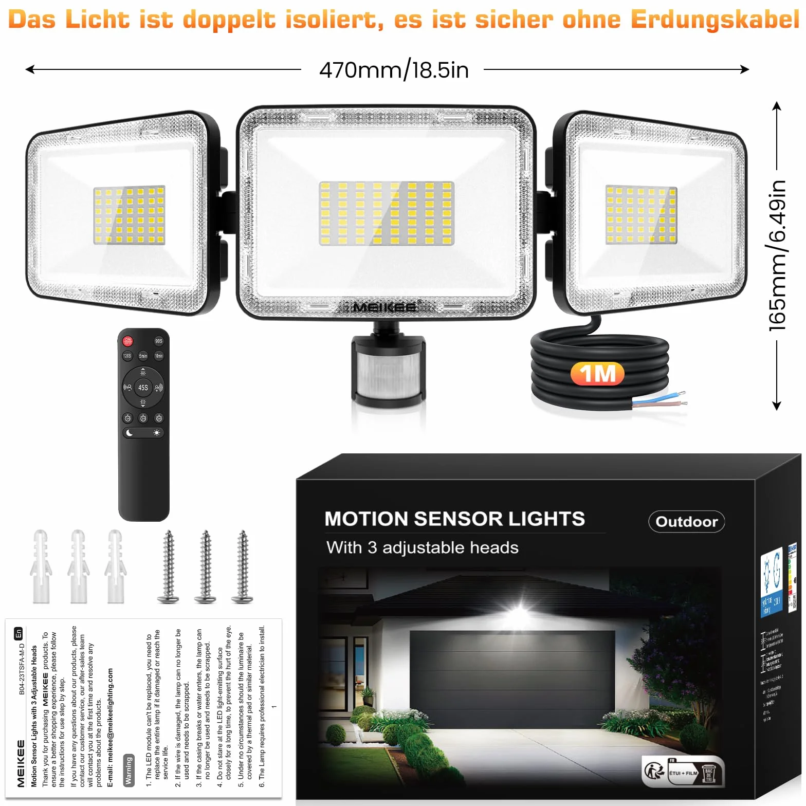MEIKEE 70W Reflektor LED z czujnikiem ruchu, 700-6800LM, 6500K, 3 tryby, 10 poziomów jasności, wodoodporny IP66, oświetlenie punktowe led Z pilotem, trzygłowicowy, regulowany o kącie 180°
