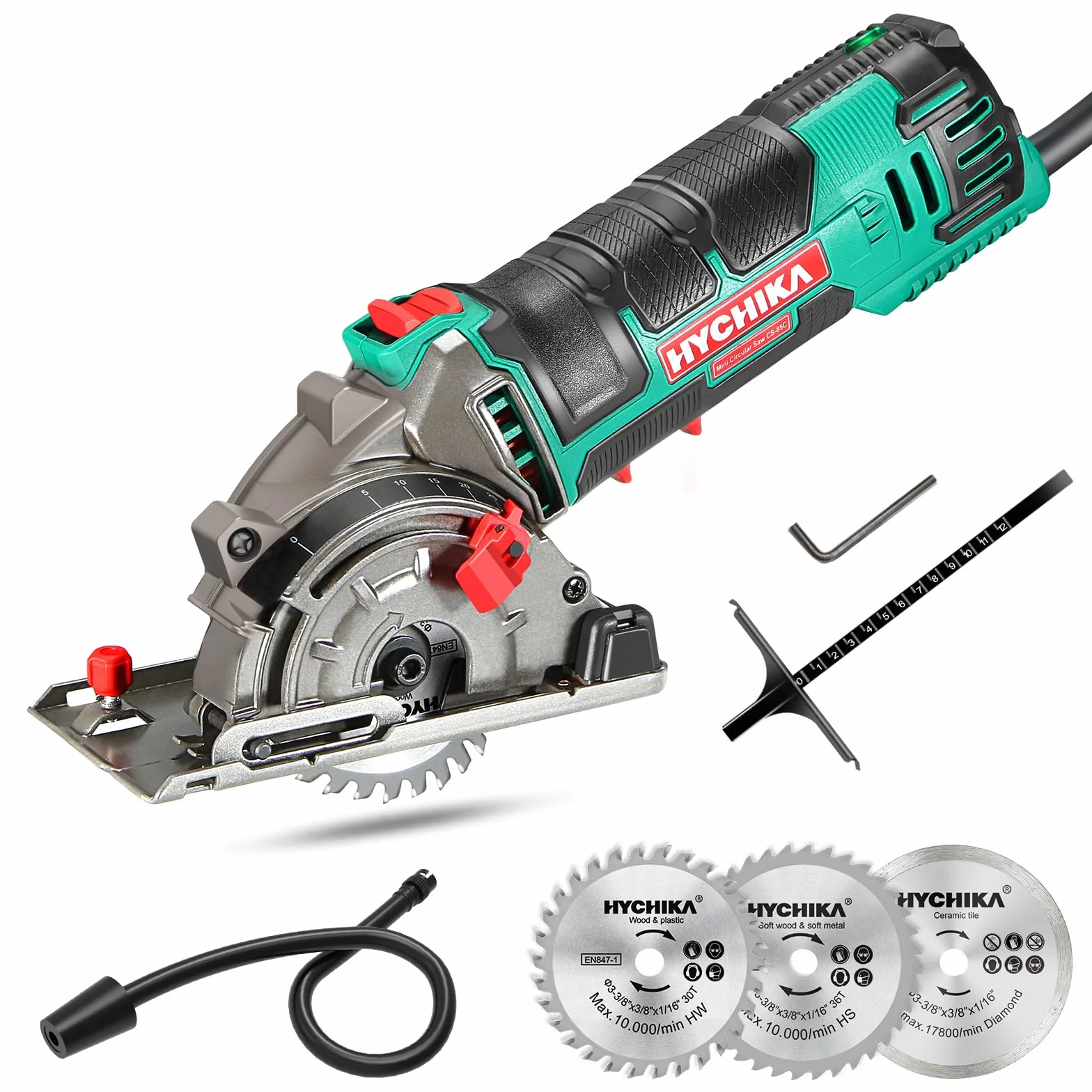 Hychika Mini Piła Tarczowa, Piła Tarczowa Z 3 Brzeszczotami, Liniał, 500W Silnik Z Czystej Miedzi, 4500 Obr. Idealna Do Cięcia Drewna, Miękkiego Metalu, Płytek I Plastiku