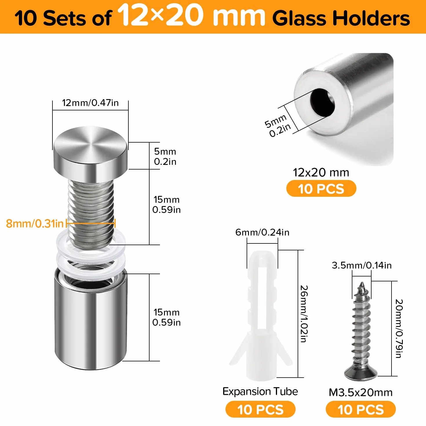 10 Sztuk 12×20 mm Śruby Reklamowe ze Stali Nierdzewnej, Śruby Dystansowe do Znaków, Gwoździe Reklamowe ze Śrubą i Rurką Rozprężną, do Ramek Obrazów, Wyświetlaczy Znaków, Zawieszania