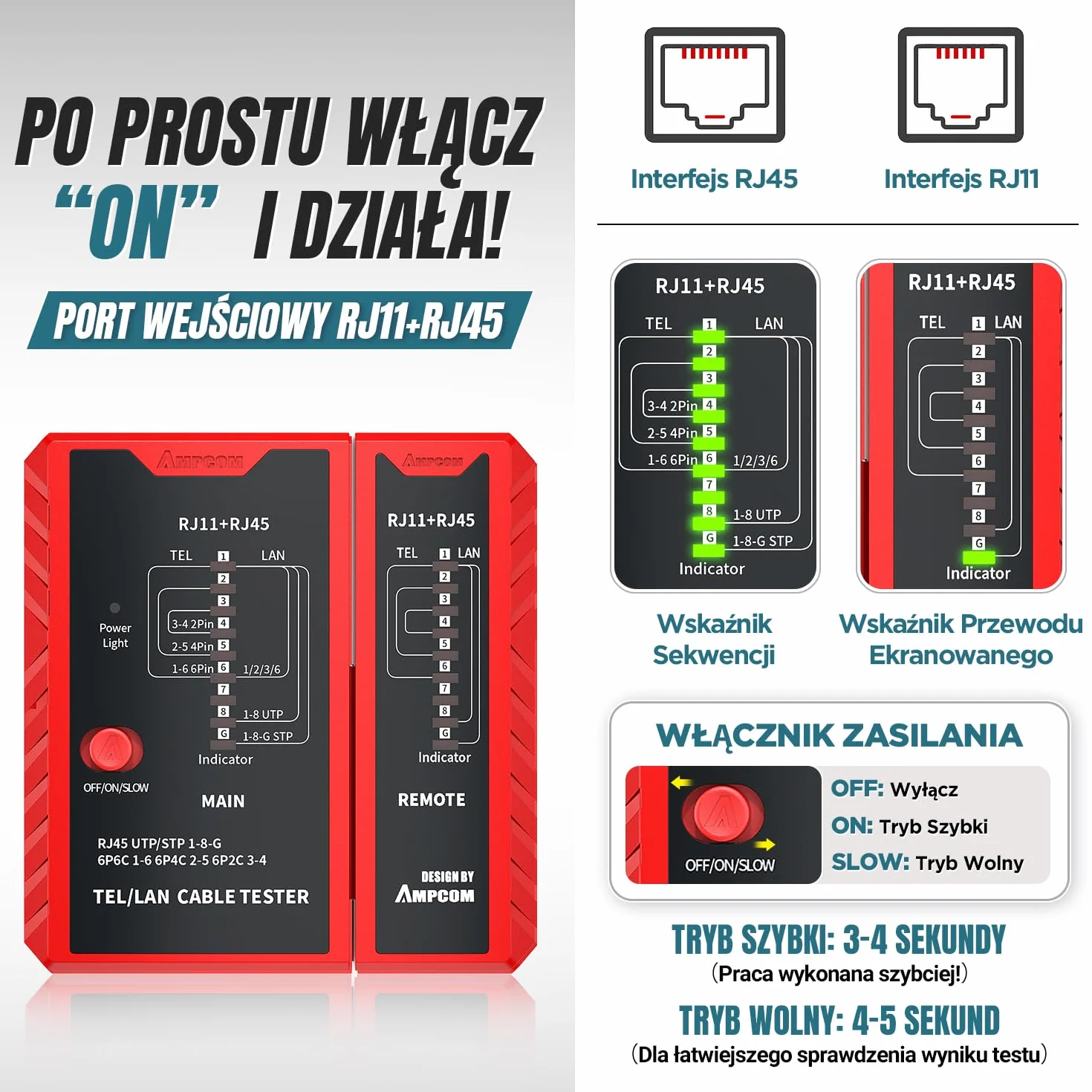 AMPCOM Zestaw narzędzi do zaciskania Ethernet 10 w 1, zestaw sieciowy RJ45/RJ11 z testerem RJ45 do złączy Cat6/5e, zawiera 110 narzędzi do dziurkowania i ściągacza przewodów