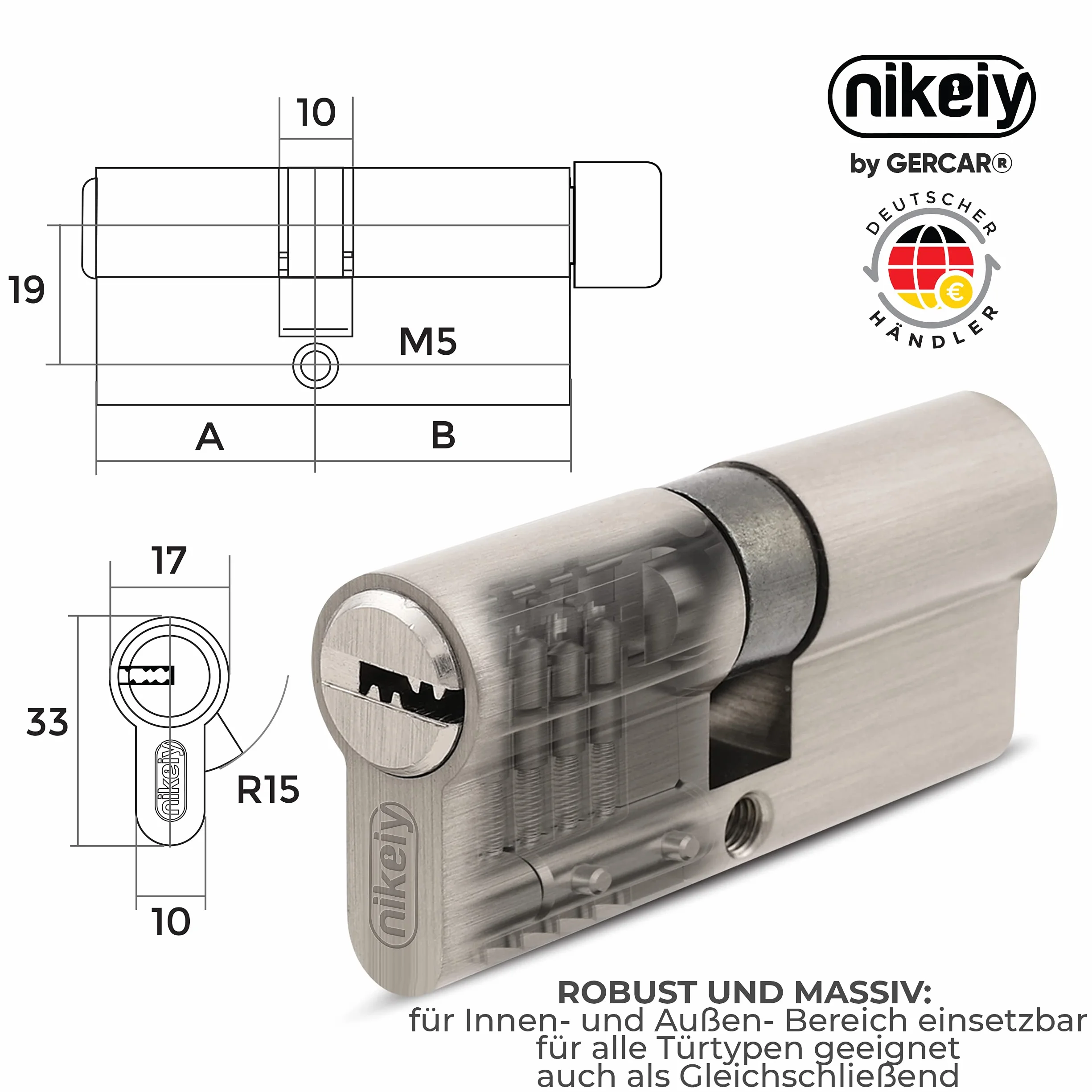 GERCAR Pro cylinder profilowy 30/40 masywny cylinder zamykający podwójny cylinder zamek bębenkowy zamek drzwi - z mosiądzu niklowanego - w zestawie 5 kluczy - klucz dwustronny - długość: 70 mm, A: 30