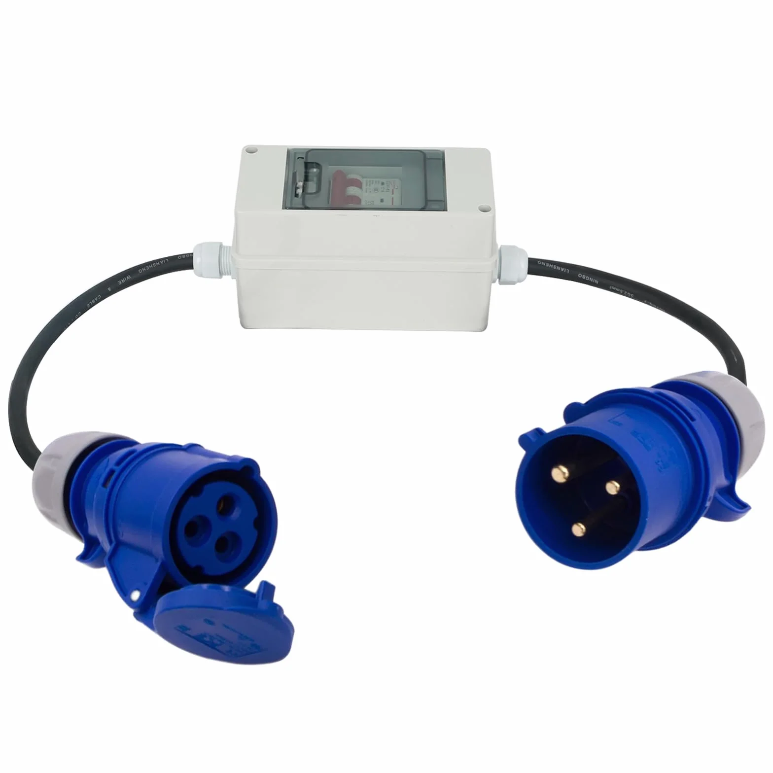 CEE Adapter 32 A na 16 A, 3P z falownikiem fazowym, CEE, adapter prądu silnego 32 A, wtyczka do złącza 16 A, z wyłącznikiem nadmiarowym, przedłużony kabel (niebieski)