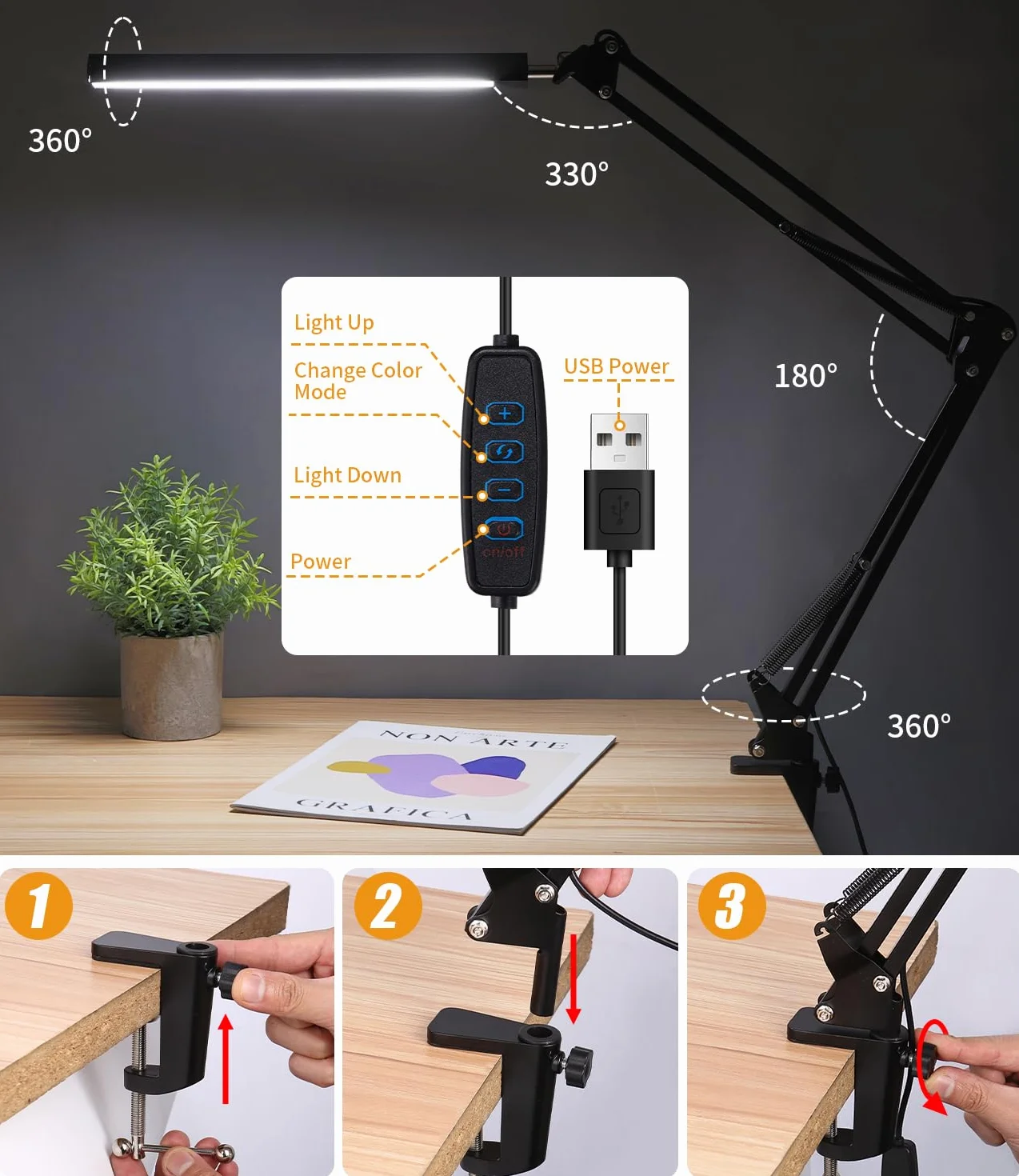 Lampa biurkowa LED Zaxiva z 3 temperaturami barwowymi, 10 poziomami jasności, regulowanym ramieniem i klipsem, idealna do czytania, pracy, nauki, makijażu oraz codziennego użytku w domu i biurze.