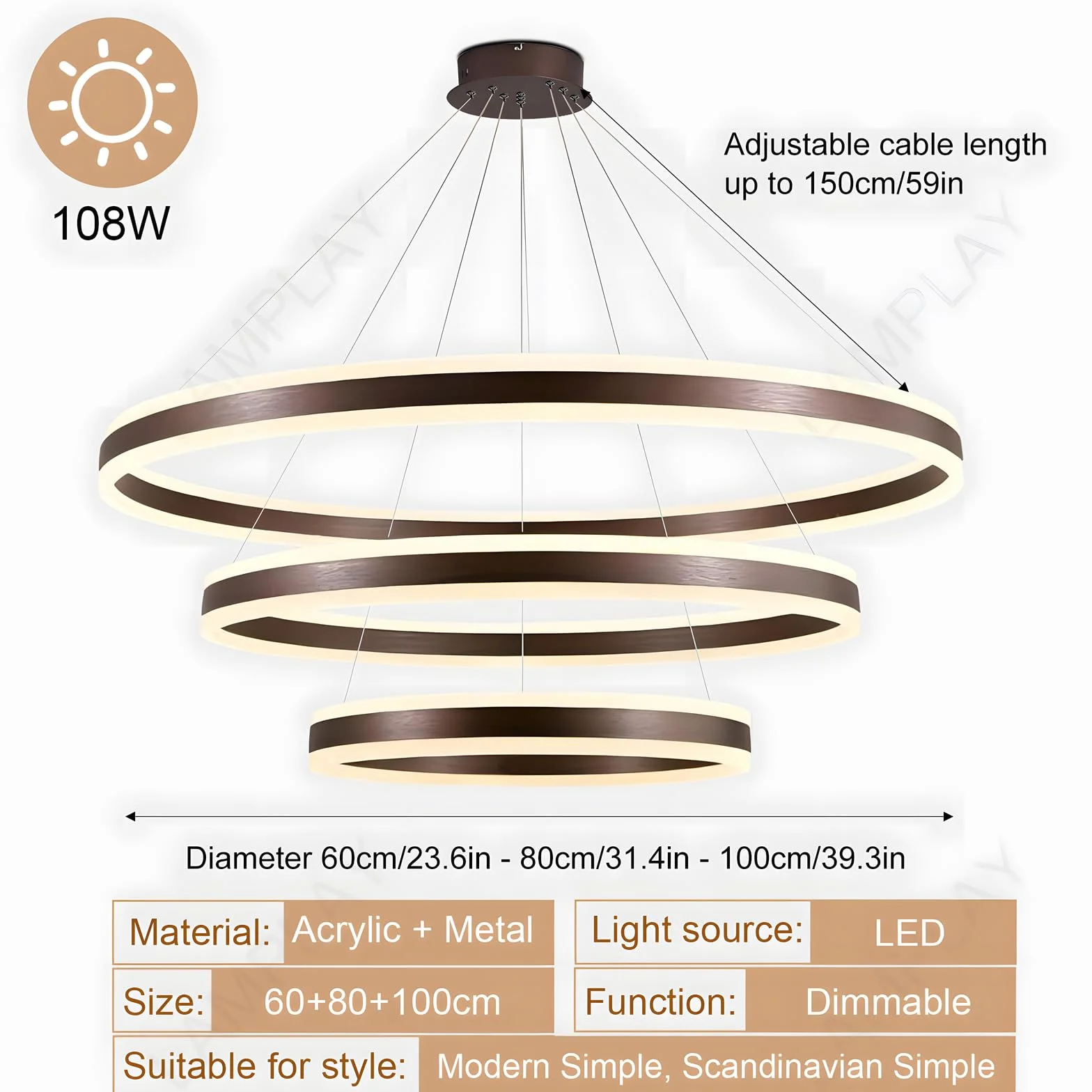 Okrągła Nowoczesna Lampa Wisząca LED, 3 Brązowy Żyrandol Pierścieniowy, Ściemniana Za Pomocą Pilota 3000K-6000K Lampa Sufitowa, Regulowana Wysokość, Salon Sypialnia Jadalnia (60+80+100cm)