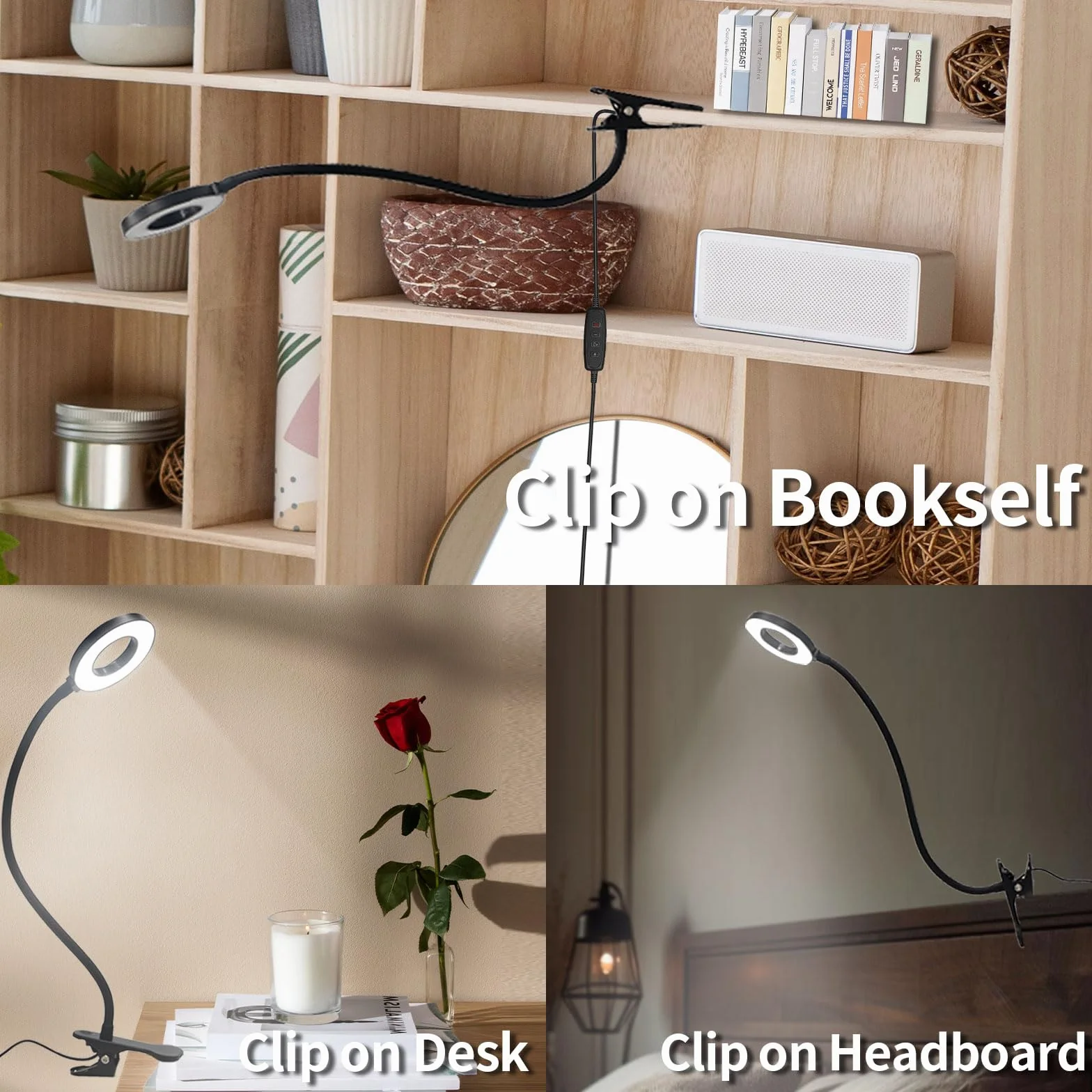 LQWELL® Lampa Biurkowa LED Z Klipsem, Pierścieniowa Lampka Do Czytania Do Domowego Biura, 3 Temperatury Barwowe, 10 PoziomÓW Jasności I Płynne Przyciemnianie, Elastyczność 360° (Długość Szyi 40 CM)