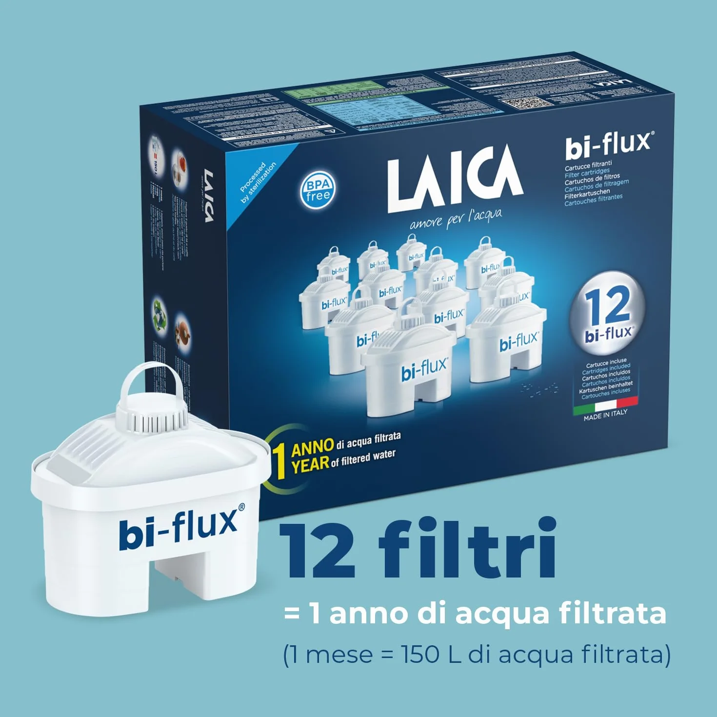 Laica Wkłady filtrujące Bi-Flux w opakowaniu 12 sztuk, filtr do wody, wkład na rok, tworzywo sztuczne, białe, 12 sztuk (1 szt
