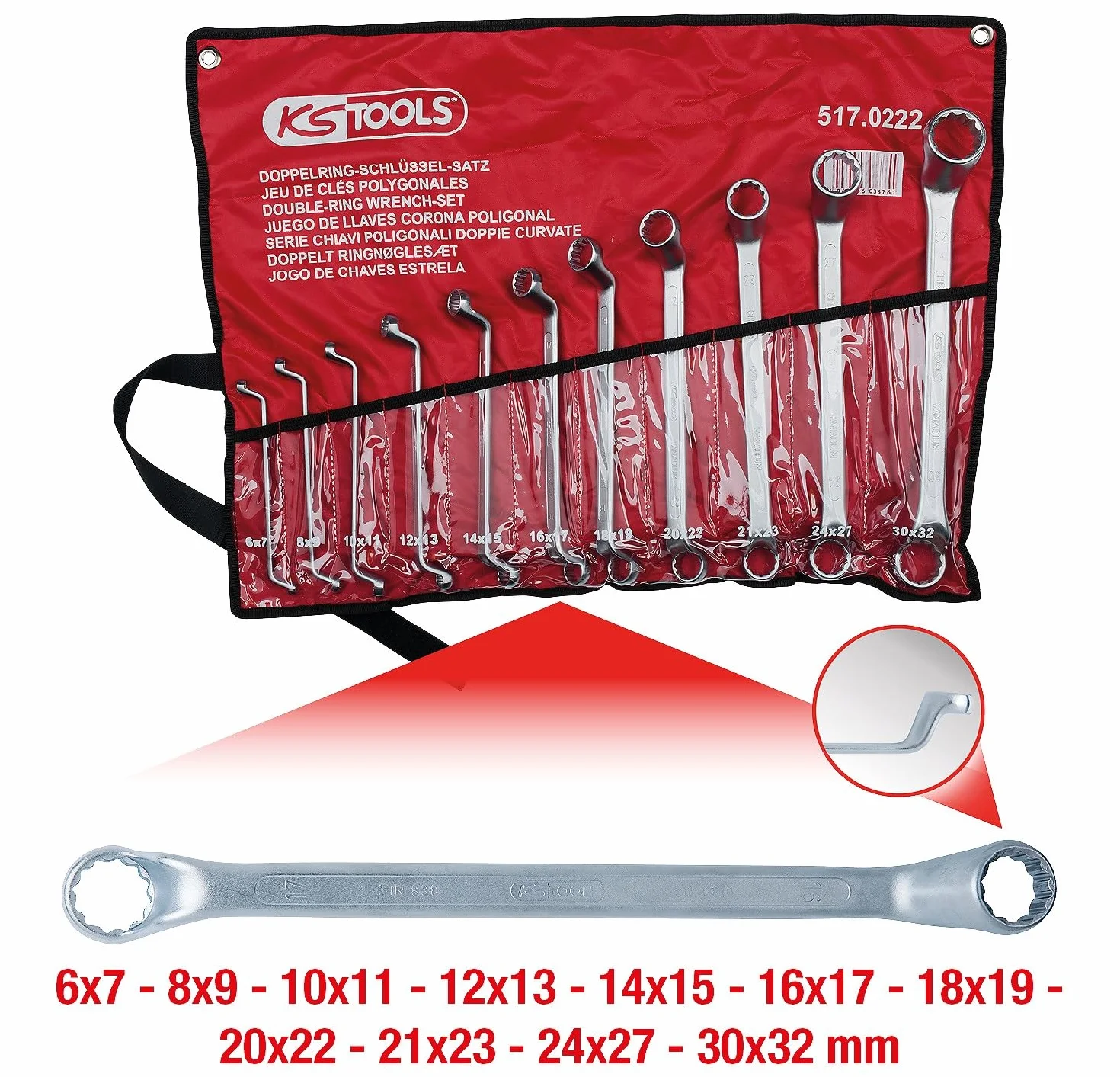KS Tools 517.0222 Zest podwójnych kluczy oczkowych zagietych, 11-szt, 6x7-30x32mm