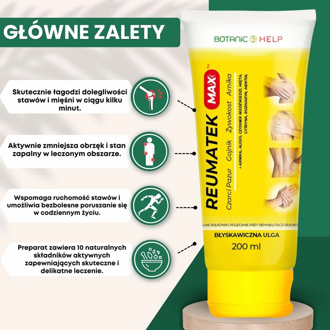 BotanicHELP - Reumatek MAX Żel do Masażu Mięśni Stawów Żel Zywokost Masc Czarci Pazur Żel Chłodzący Czosnek Niedźwiedzi Rozmaryn Arnika Gojnik Mentol Aloes 200ml
