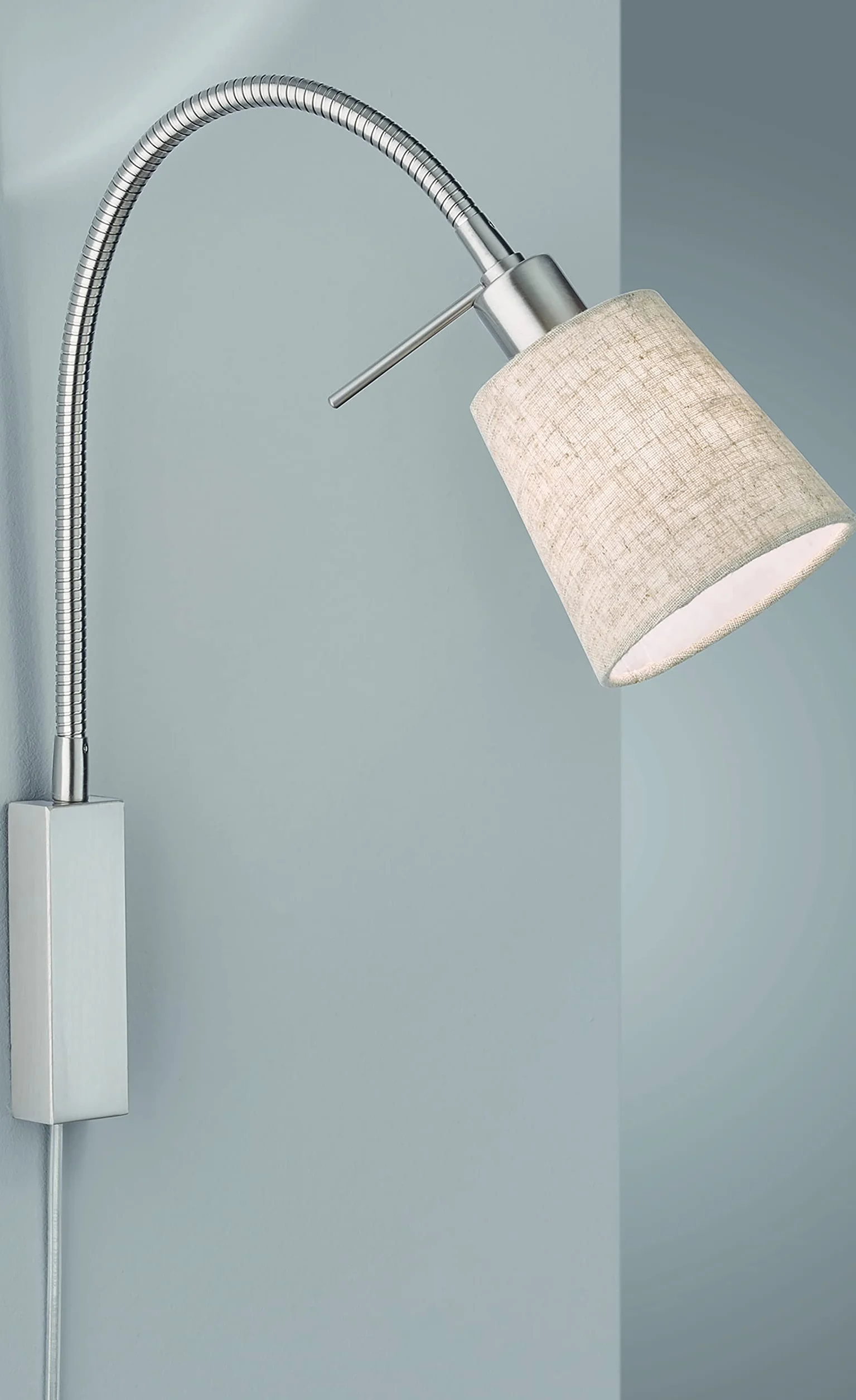Fischer & Honsel Lampa punktowa ścienna flex matowy nikiel abażur tkanina piaskowy len biały 11x40 cm wysięg 35 cm