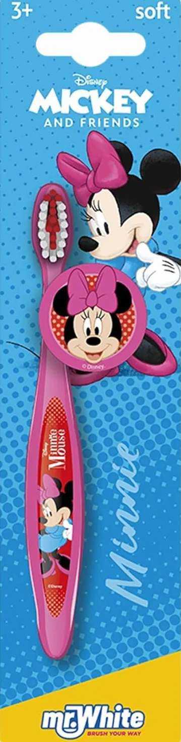Minnie Mouse szczoteczka do zębów z nasadką ochronną, przyssawką, wygodnym uchwytem i miękkim włosiem dla dzieci