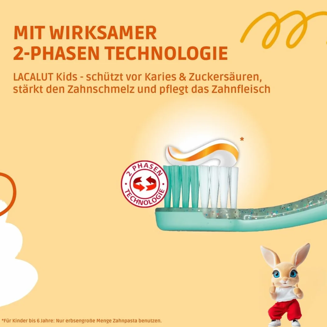 Lacalut Kids 2-6 lat 55 ml – pasta do zębów dla dzieci z wysoce skuteczną ochroną przed próchnicą i kwasem cukrowym – pasta do zębów z technologią 2-fazową i witaminą A+E
