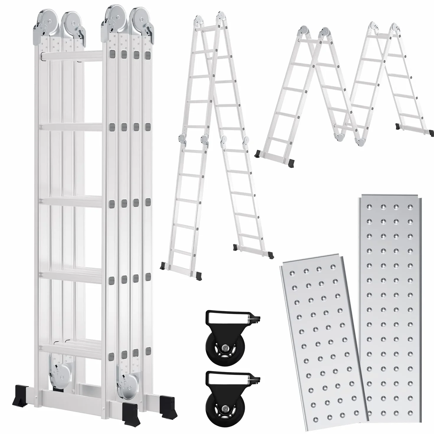 Sonnewelt Aluminiowa drabina wielofunkcyjna 6 w 1, 5,8 m, 4 x 5 stopni z platformą | 5,8 m aluminiowa drabina 6 w 1 do 150 kg, z platformą, kółkami, antypoślizgowymi nóżkami i blokadą bezpieczeństwa