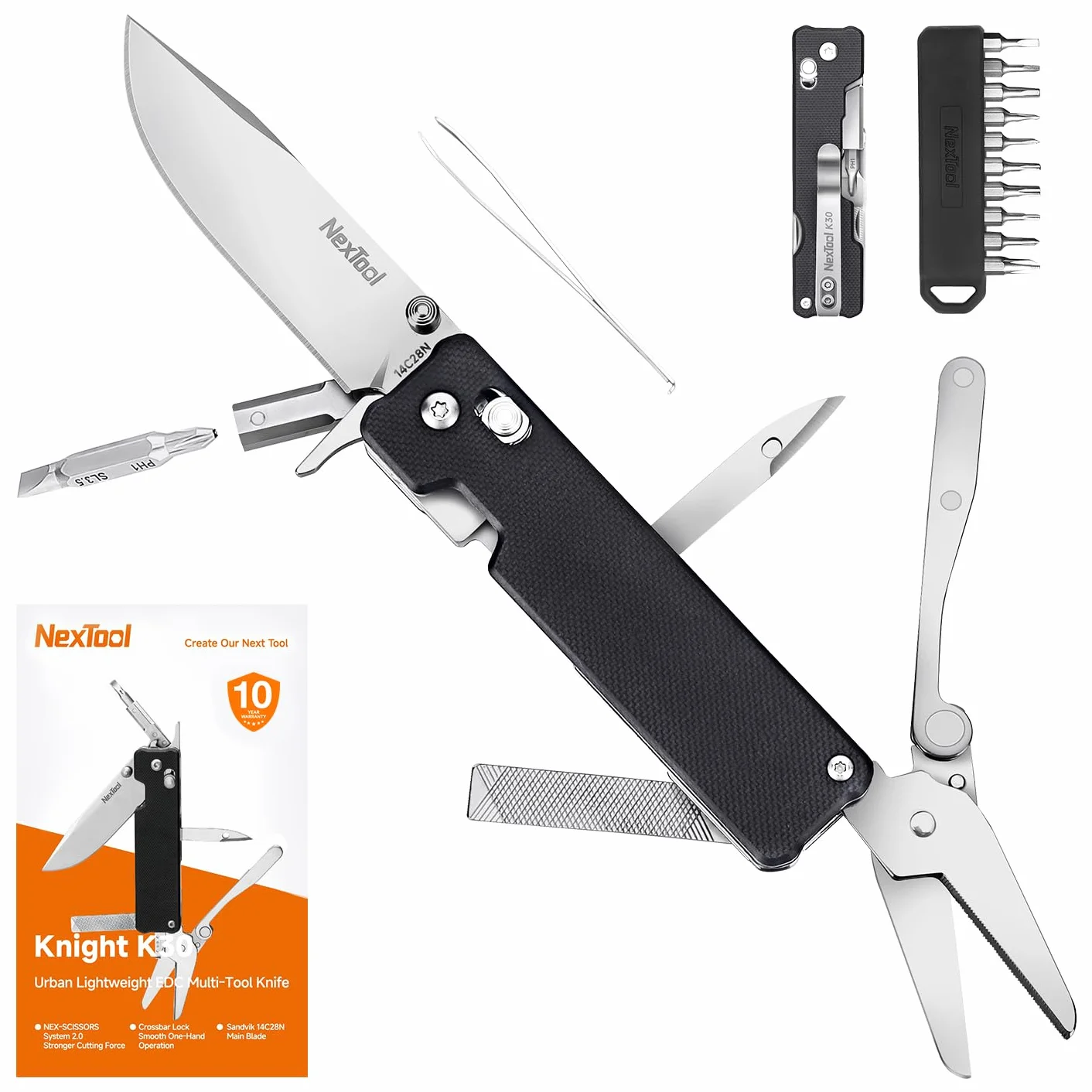 NexTool Knight K30 scyzoryk kieszonkowy z blokadą fali uderzeniowej, narzędzie wielofunkcyjne 11 w 1 z ostrzem stalowym 2,76" 14C28N, nożyczki radełkowane do EDC, do użytku na zewnątrz i dla