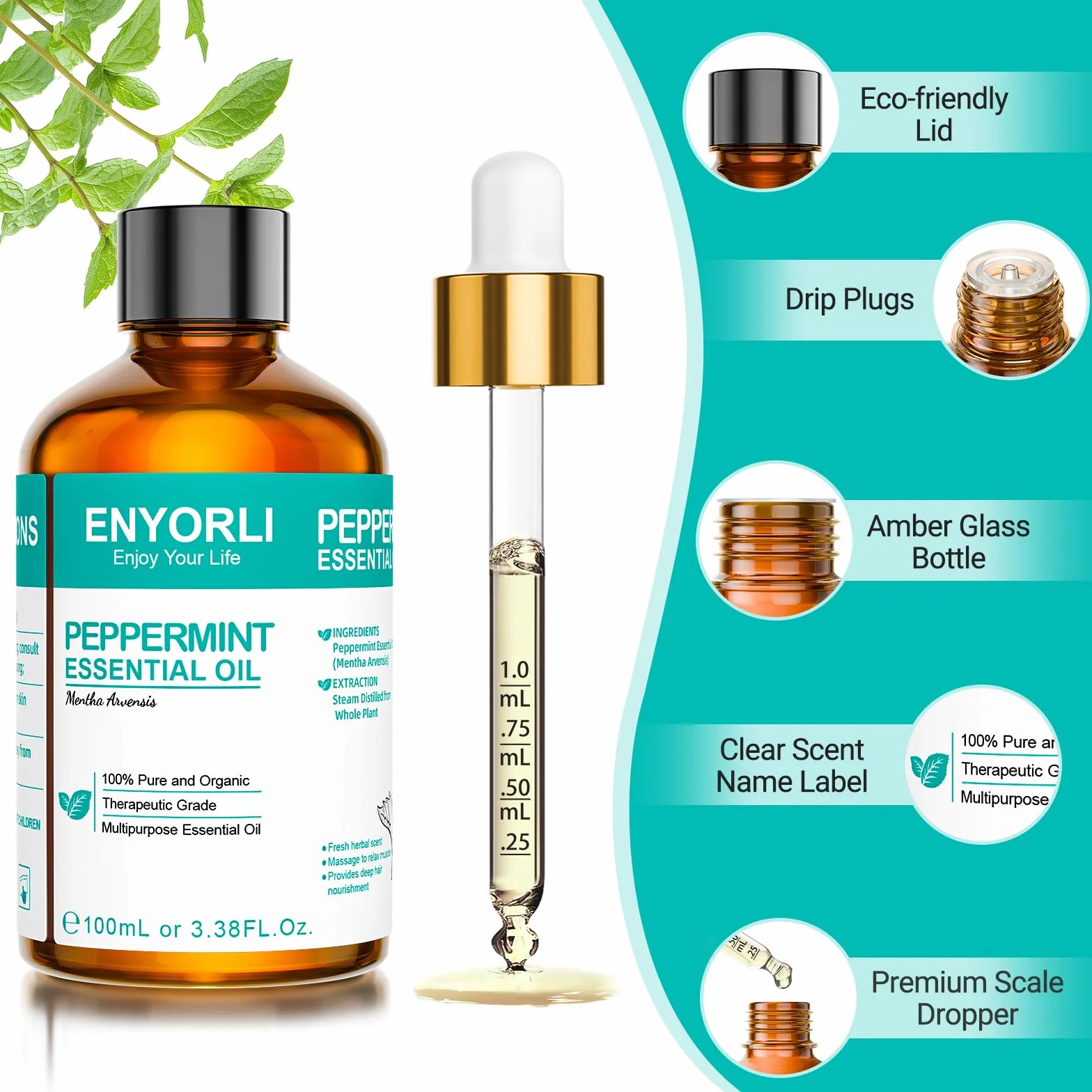 Peppermint Essential Oil 100ml Czysty Olejek z Mięty Pieprzowej do Skóry Twarzy Włosów Aromaterapii Dyfuzorów Produkcji świec Masażu Pielęgnacji Domowej Sterylizacji Użytku Zewnętrzne