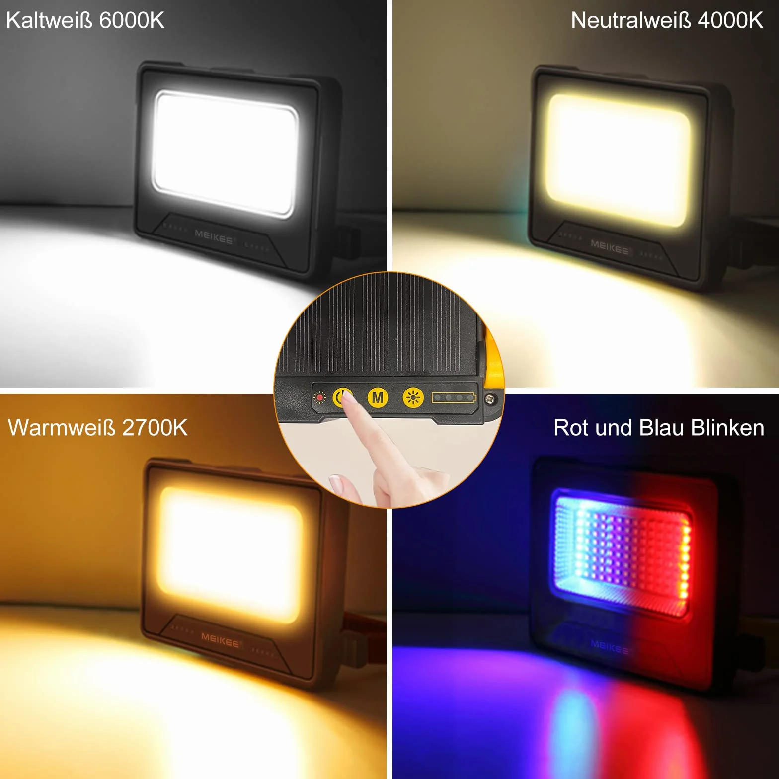 MEIKEE Reflektor budowlany LED 80W, lampa robocza LED 12000mAh, reflektor akumulatorowy, 4 tryby świecenia, lampa kempingowa, przenośna, 5 poziomów jasności, ładowanie solarne i USB, lampa