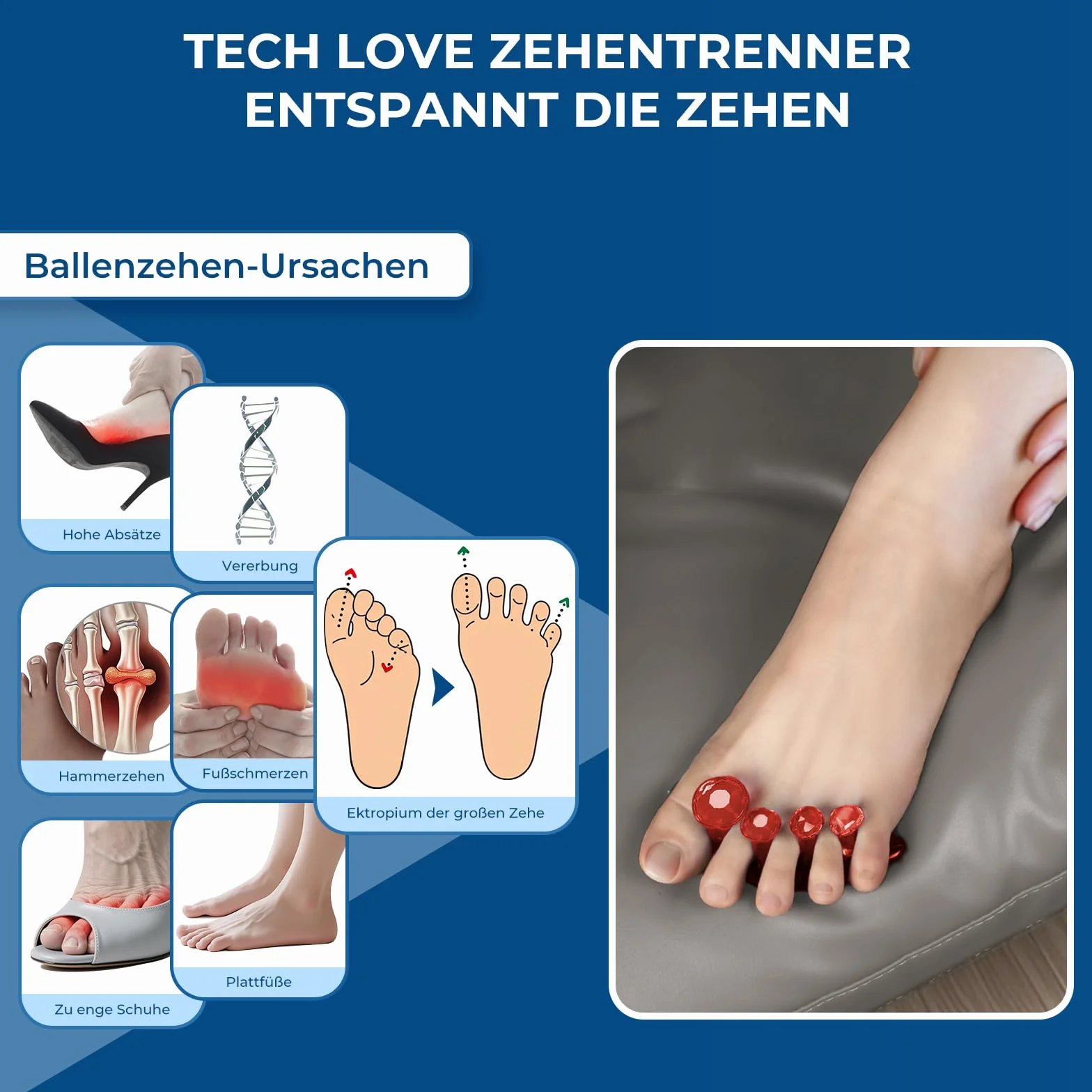 Tech Love Silikonowy separator palców do jogi, wyrównania stóp, czerwony