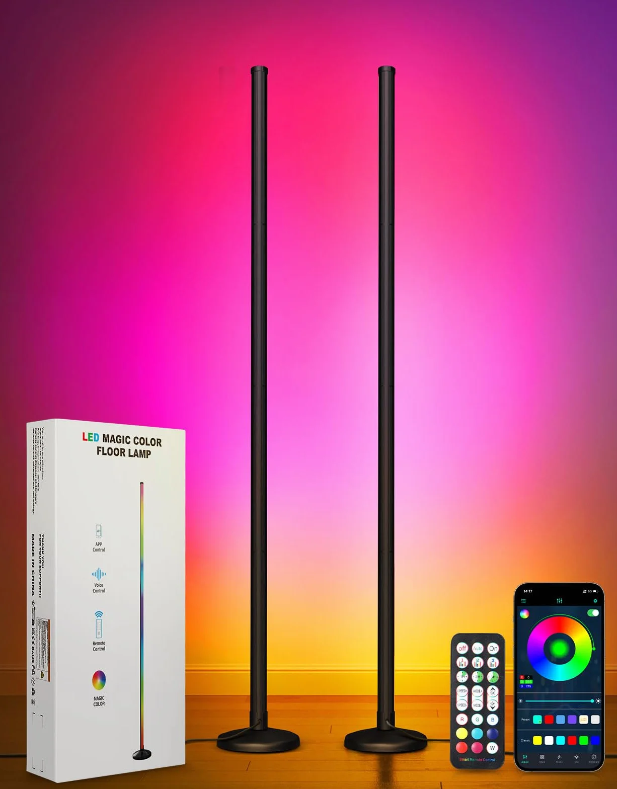 OUTON RGBICW lampa stojąca LED, 2 sztuki, ściemniana | lampa stojąca z pilotem zdalnego sterowania, sterowanie aplikacją, synchronizacja muzyki, lampa stojąca do salonu, do gier