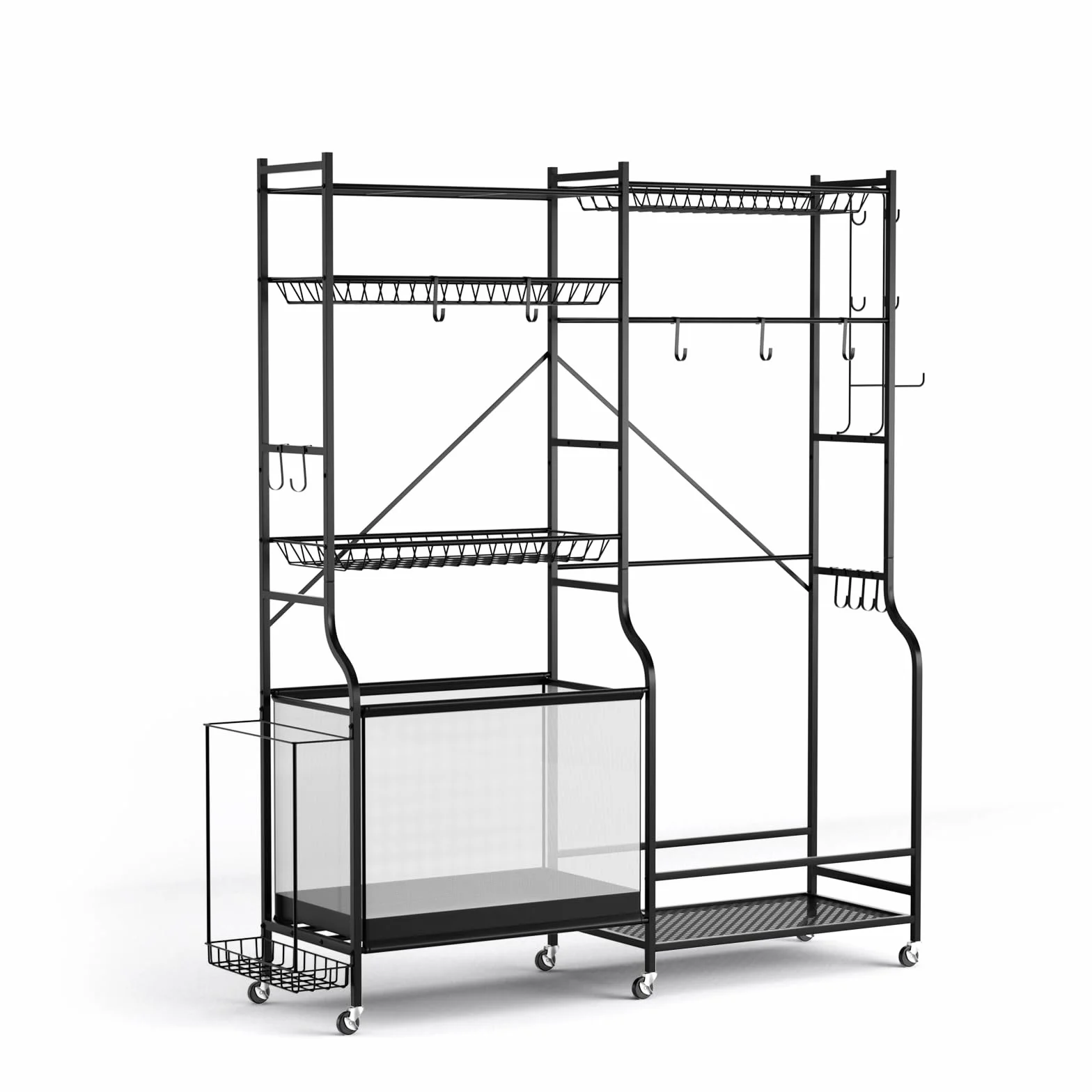 LIFEZEAL Stojak na narzędzia sportowe, mobilny, regulowany, 170 x 40 x 174 cm, 6 kół, uchwyt na piłkę, stojak na golfa, stojak na ciężary, stojak na piłkę, z 13 hakami, półka boczna, siłownia, dom