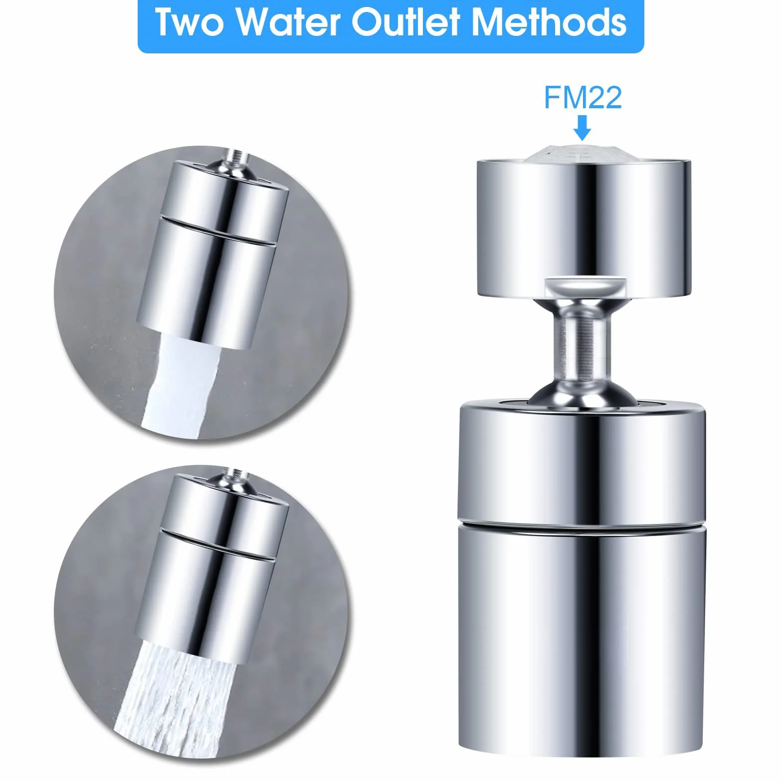 720° Obrotowy Kran Napowietrzacz Kran Kuchenny Regulowany 2 tryby, Atomizer Kran, Adapter kran kuchenny do zlewozmywaków i łazienek, z 5 adapterem, gwint wewnętrzny 22 mm