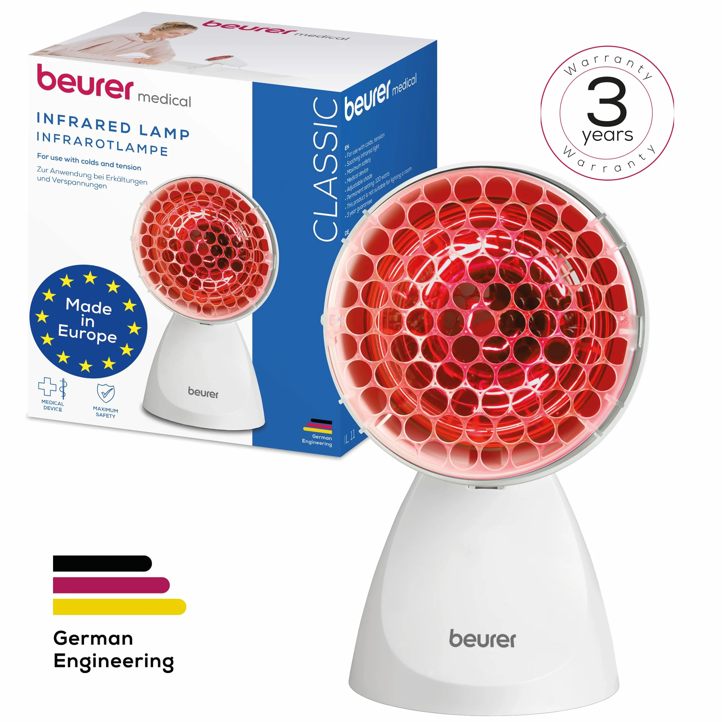 Beurer IL 11 Lampa na podczerwień z kratką ochronną, urządzenie medyczne, 5 poziomów nachylenia, okulary ochronne, biały