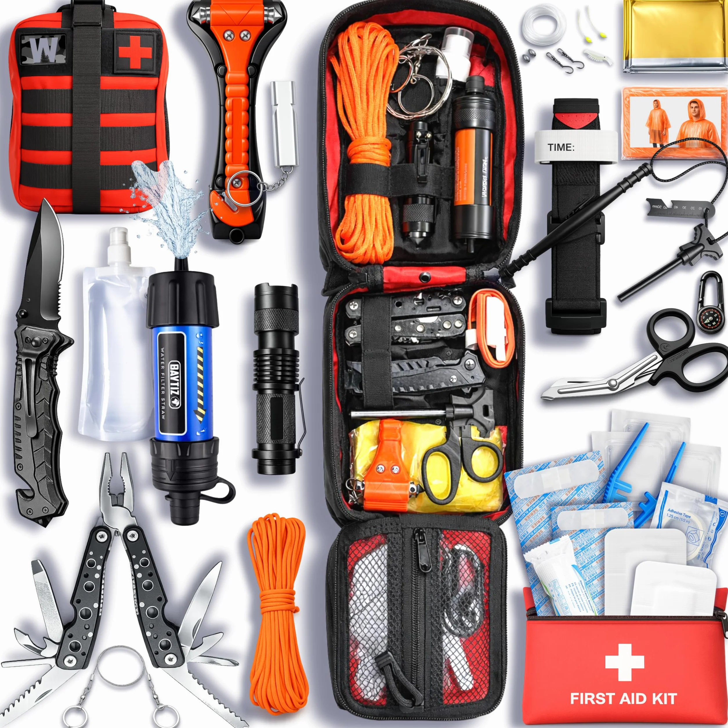 WONCROW ® Zestaw survivalowy + zestaw pierwszej pomocy, słomka z filtrem wody, wyposażenie outdoorowe, akcesoria na kemping, wędrówki, rower, do plecaka, apteczki, gadżety dla mężczyzn i dzieci