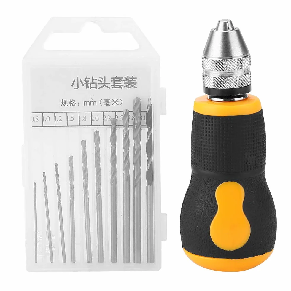 Mini Wiertarka Ręczna, Zestaw 10 Małych Wierteł Ręcznych Wierteł Krętych Micro Mini Przenośny Zestaw Narzędzi 0.8-3.0mm do Biżuterii Modelowej Orzech Bursztynowy Wosk Pszczeli Oliwna Nakrętka