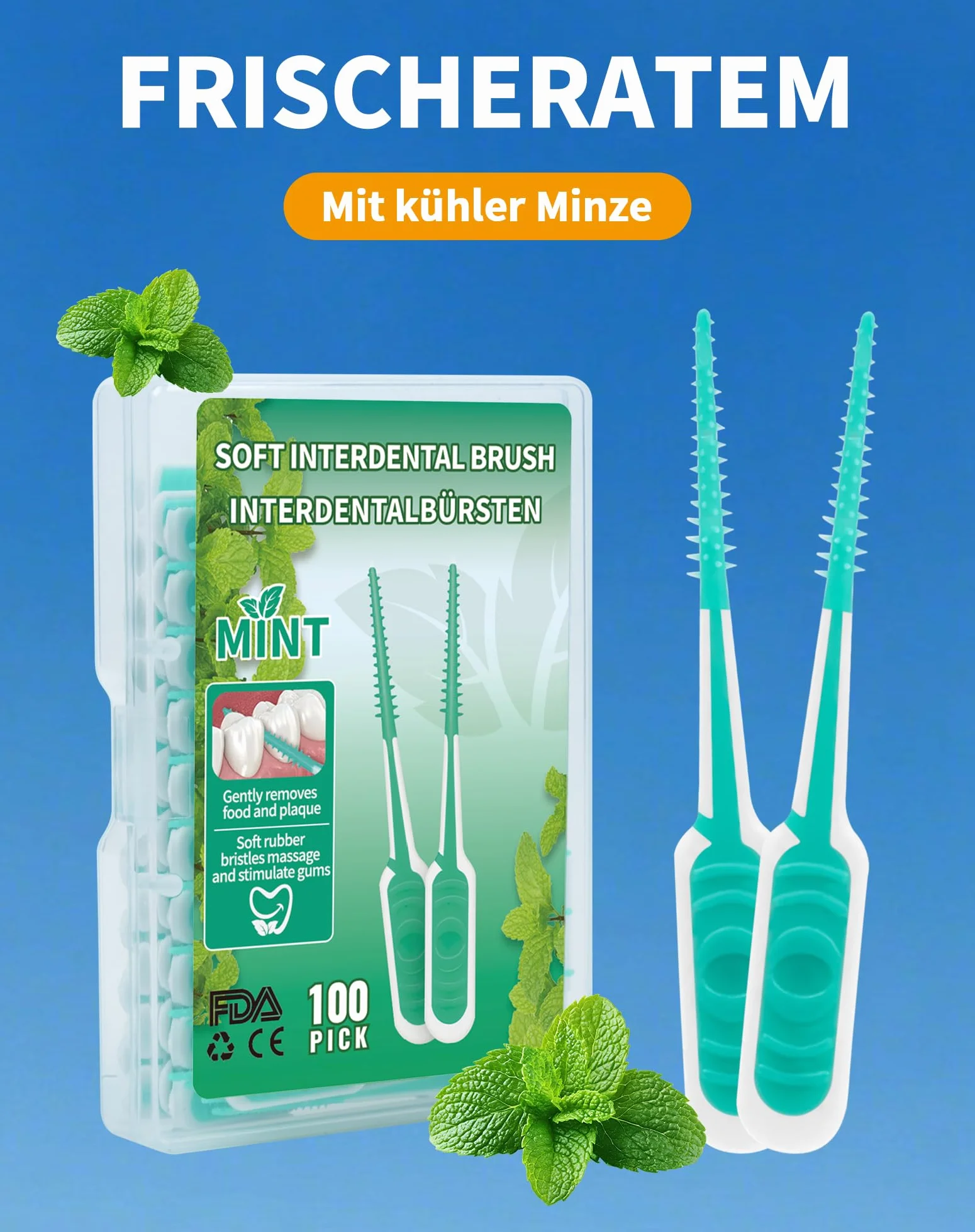 LAOYE 100 sztuk miękkich patyczków do zębów, miętowe, do czyszczenia międzyzębowych, silikonowe, szczoteczki międzyzębowe, szczotka do przestrzeni międzyzębowych, szczotka do zębów z przenośnym etui