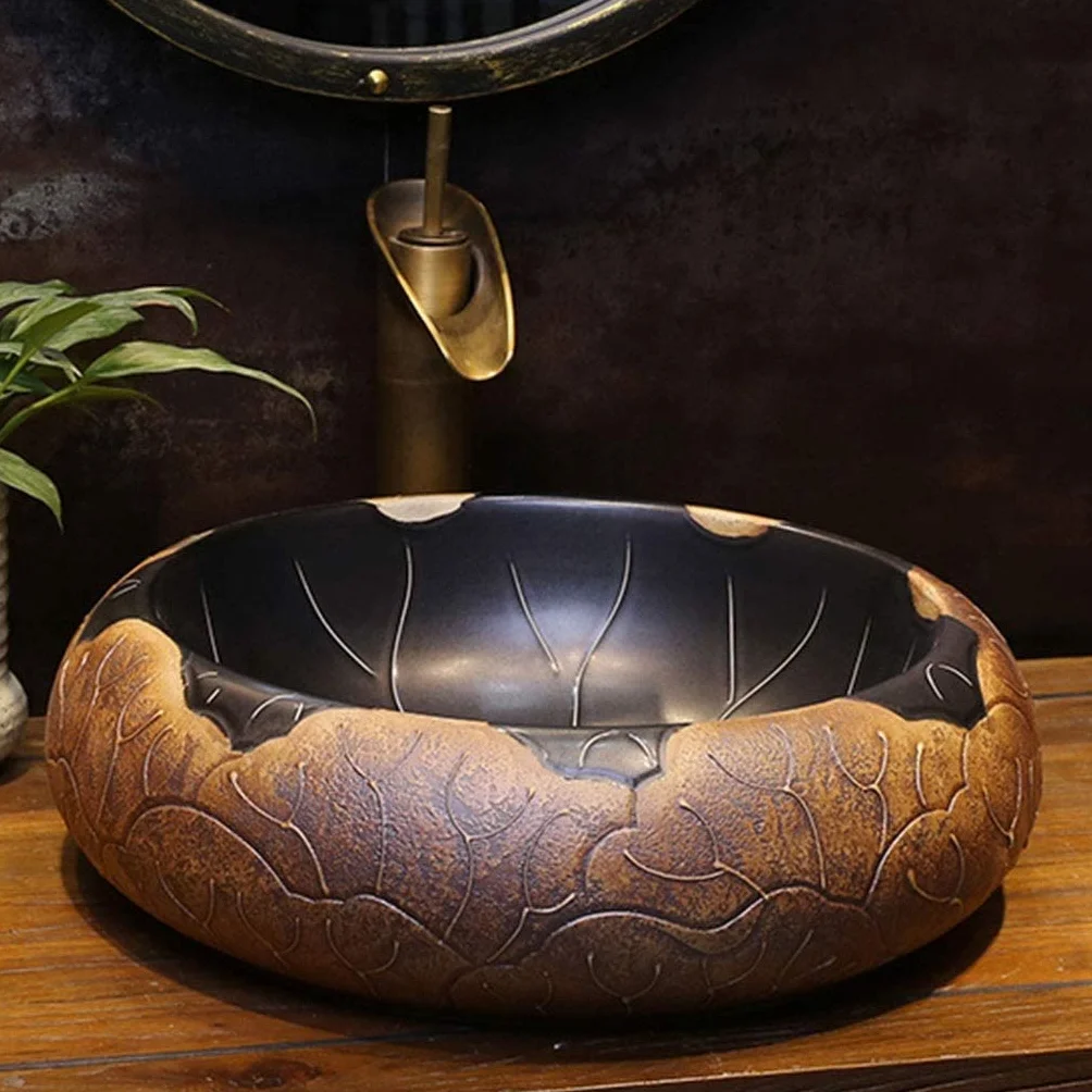 Szafka Pod Umywalkę Z Umywalką, Umywalka Łazienkowa Nablatowa, Umywalka Nablatowa Z Czarnym Kwiatem Lotosu, Ceramiczna Umywalka Nablatowa W Stylu Vintage, Okrągła Antyczna Umywalka Łazienkowa, Czarny