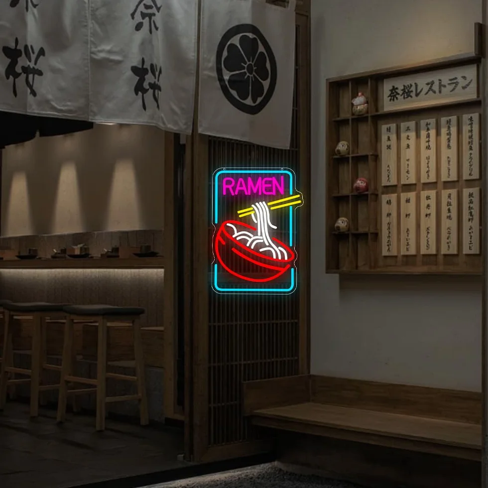 Ramen neonowa tabliczka do dekoracji ściany, zasilany przez USB, makaron LED, dekoracja ścienna, prezent do japońskiego sklepu z ramami, do domu, baru, kuchni, sypialni (40 x 30 cm)