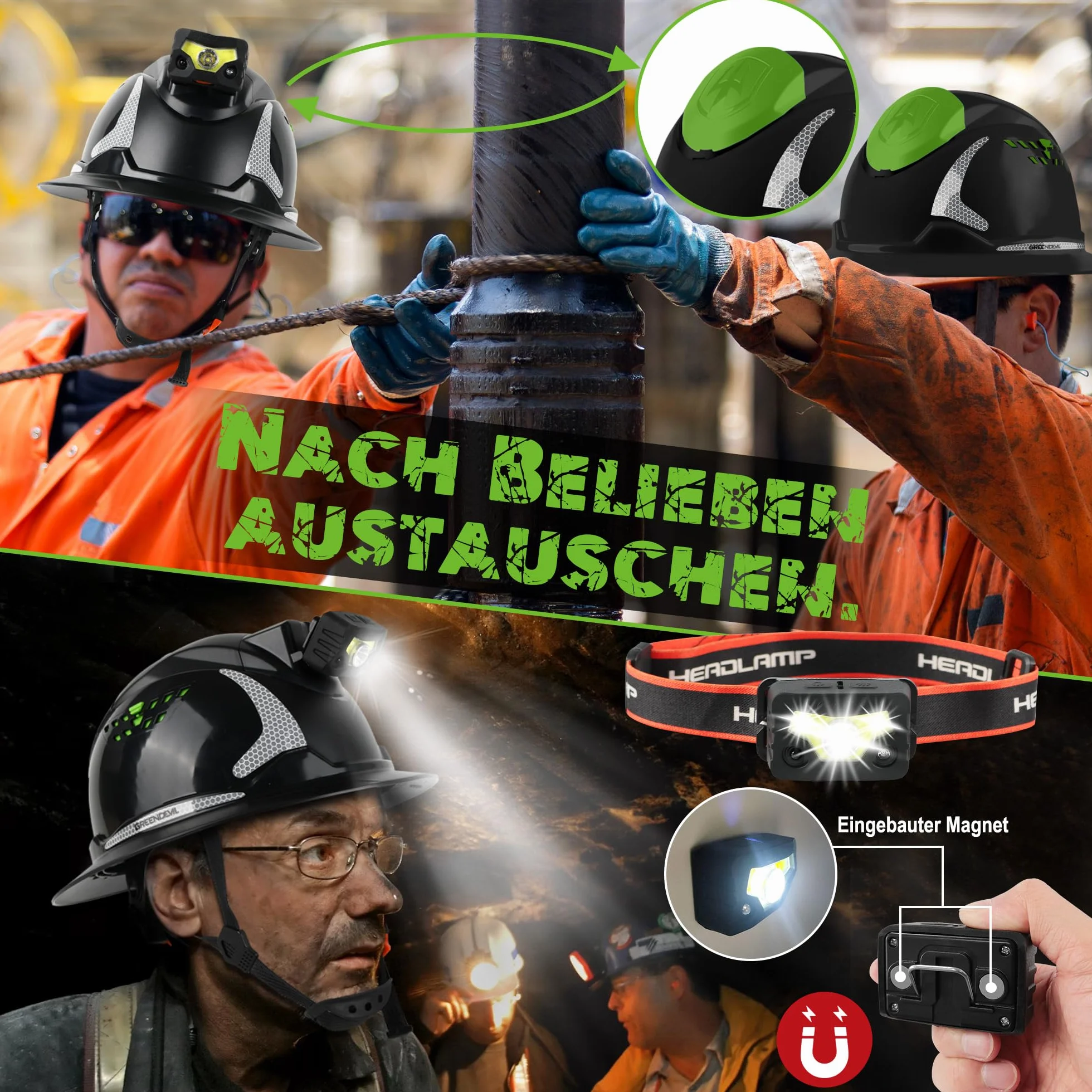 GREEN DEVIL Matrix Full Brim kask ochronny EN 397 – kask ochronny z wentylacją, latarka czołowa LED (IPX5), system 6-punktowy i regulowana wyściółka wewnętrzna – idealny do budownictwa, przemysłu,