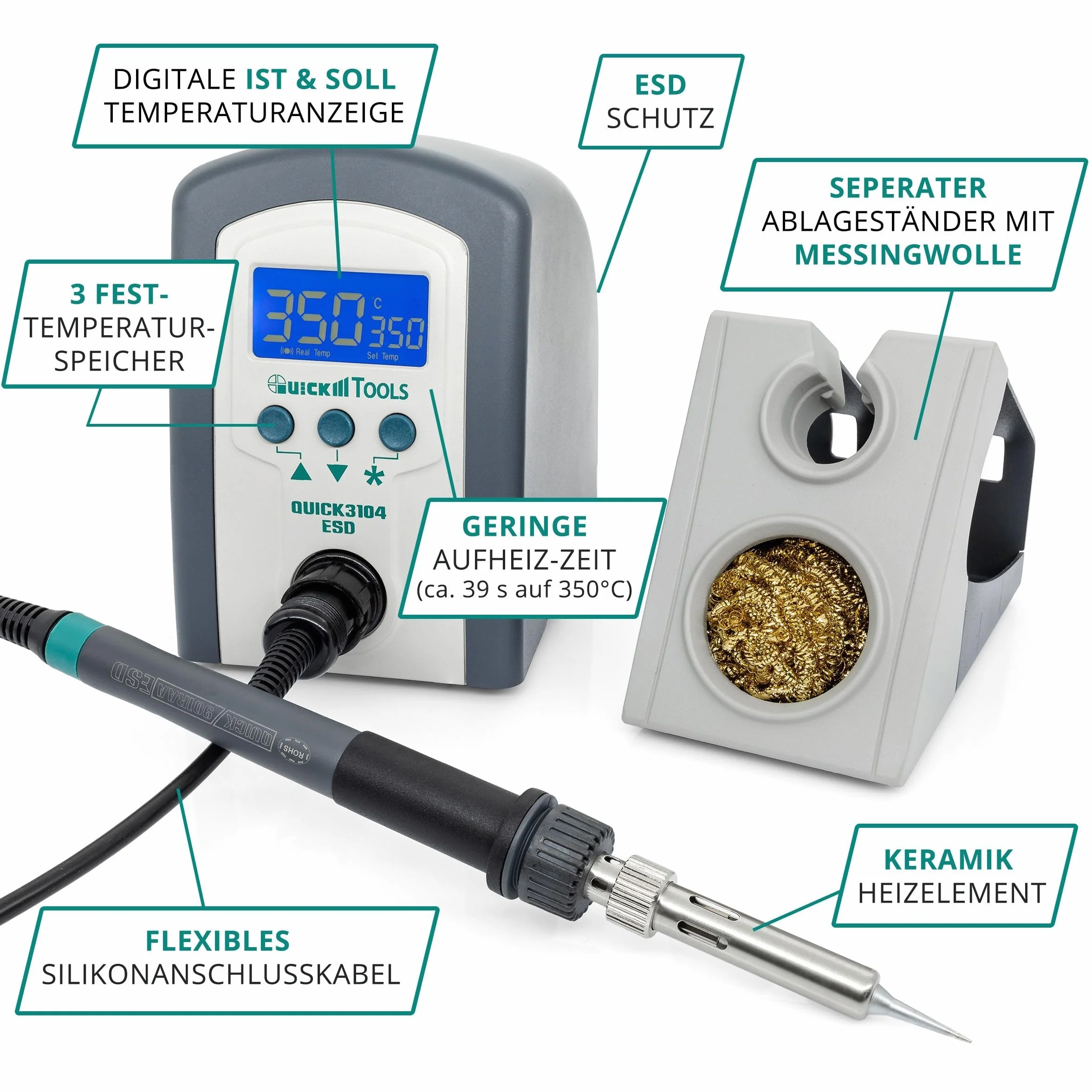 QUICK 3104 cyfrowa stacja lutownicza ESD 80 W z lutownicą z końcówką lutowniczą 2 mm i akcesoriami – kalibracja 100° – 450°C – ochrona ESD