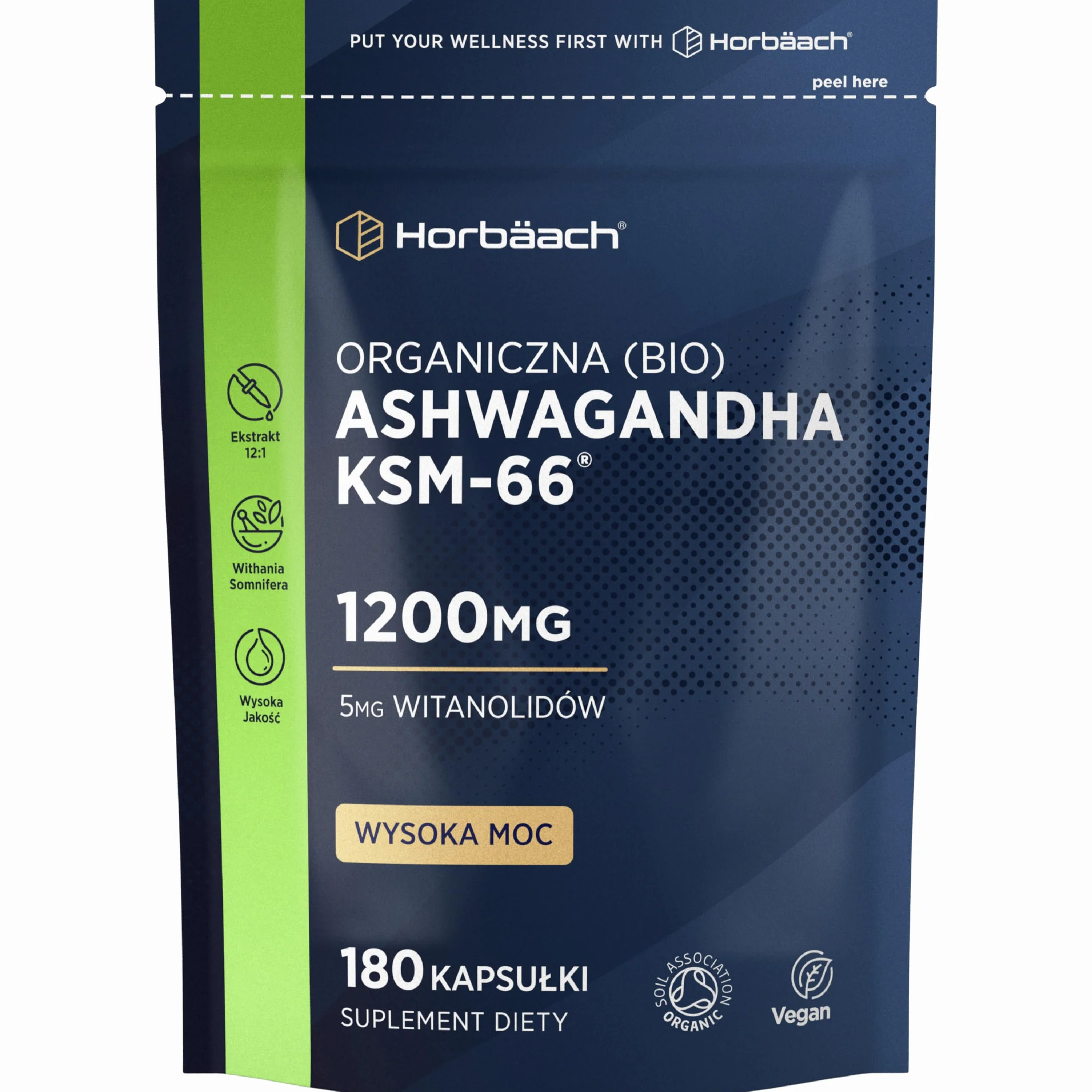 Ashwagandha KSM-66® 1200mg (BIO) | 5% Witanolidów | Organiczny Suplement w Proszku z Korzenia Ashwagandhy | Wysoka moc | 180 Kapsułek Wegańskich | marki Horbaach