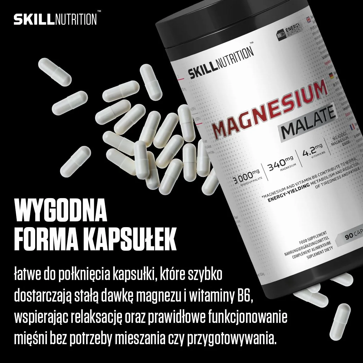 Skill Nutrition Magnesium Malate + Vitamin B6 120 kapsułek 340 mg magnezu 3000 mg jabłczanu magnezu B6 P-5-P