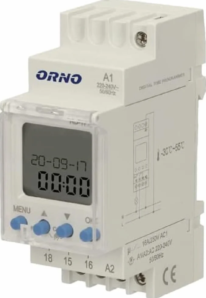 ORNO PRE-451 Elektroniczny Programator Zegar Czasowy na Szynę DIN 100 programów 3 języki menu, 1 wyjście przekaźnikowe
