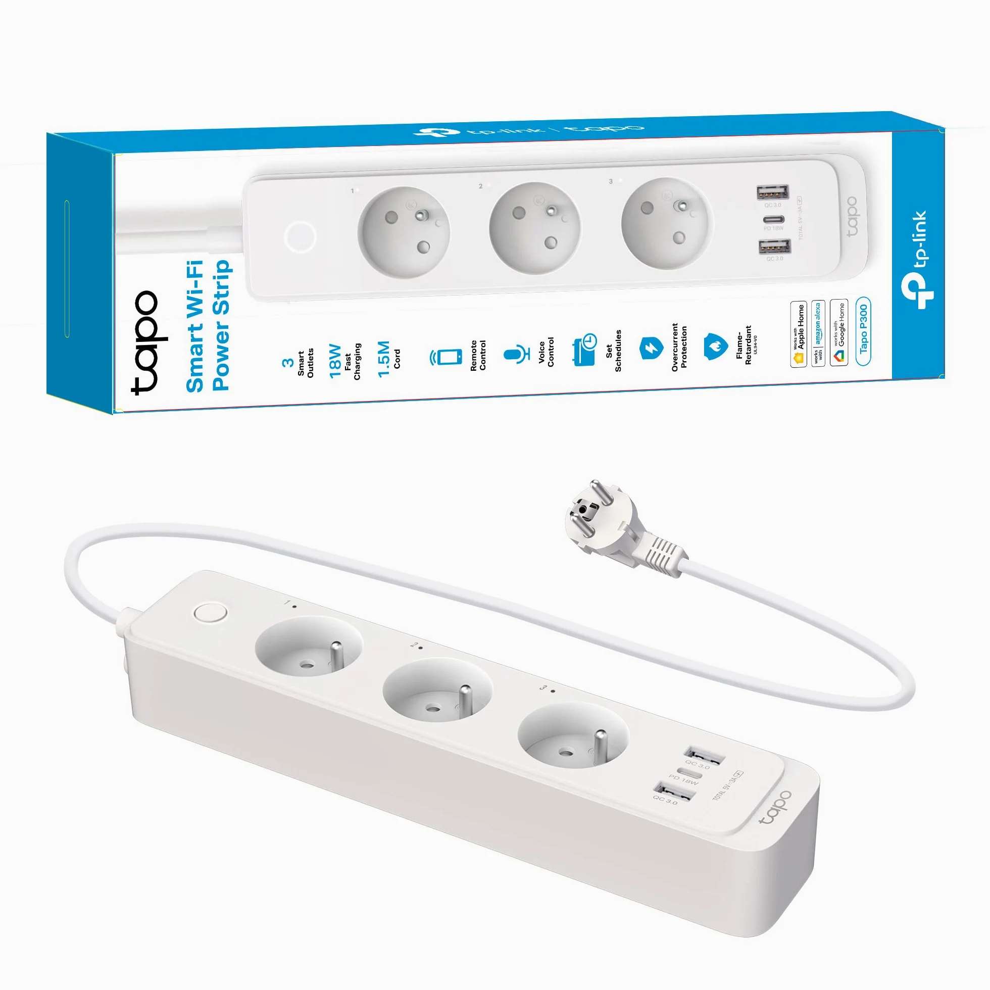 Listwa zasilająca Tapo WiFi, 3 niezależne gniazda i 3 porty USB szybkie ładowanie (1 typ C+2 typ A), 10A Typu F, kompatybilna z HomeKit, Alexa i Google Home, kontrola akwarium, P300(FR)