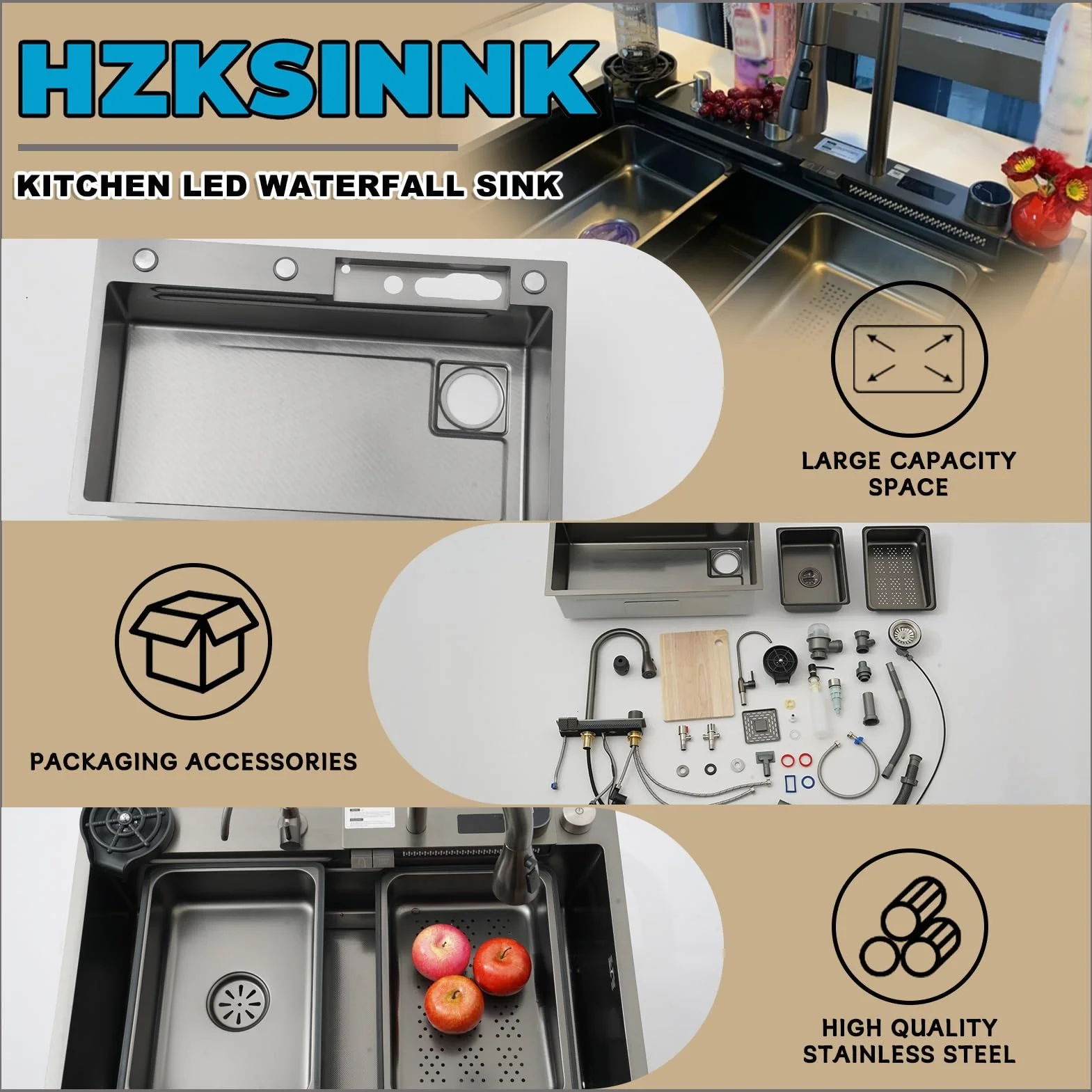 90x50cm zlewozmywak kuchenny ze stali nierdzewnej, 1 miska, czarny antracyt zlewozmywak kaskadowy, z wyciąganym kranem, syfonem i zestawem akcesoriów, wielofunkcyjny zlewozmywak barowy