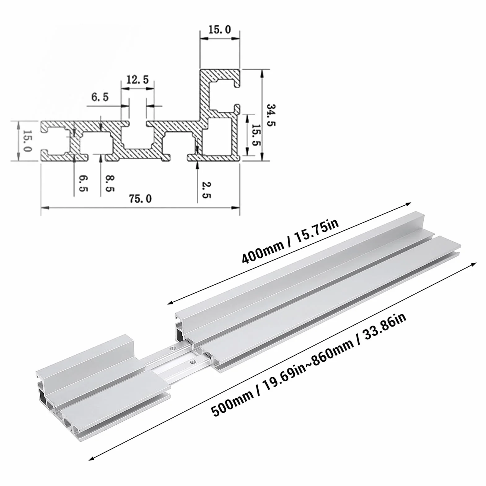 Prowadnica Kątowa ze Stopu Aluminium 50-86 Cm z możliwością Regulacji, Wyposażona w Dedykowany System Prowadnic do Obróbki Drewna, Kompatybilna z Frezarkami i Frezarkami
