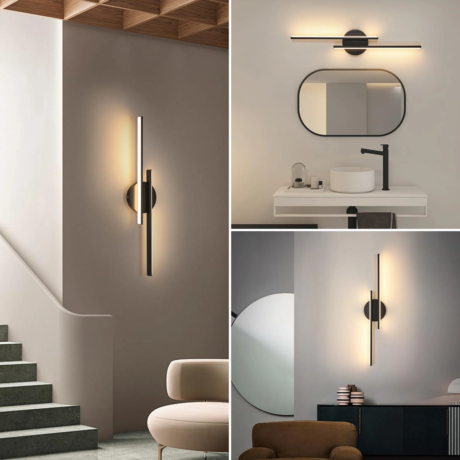Riserva Lampa ścienna LED, 24 W, czarna, nowoczesna, 3000 K, ciepła biel, liniowe oświetlenie ścienne do salonu, kuchni, korytarza, klatki schodowej, 60 cm