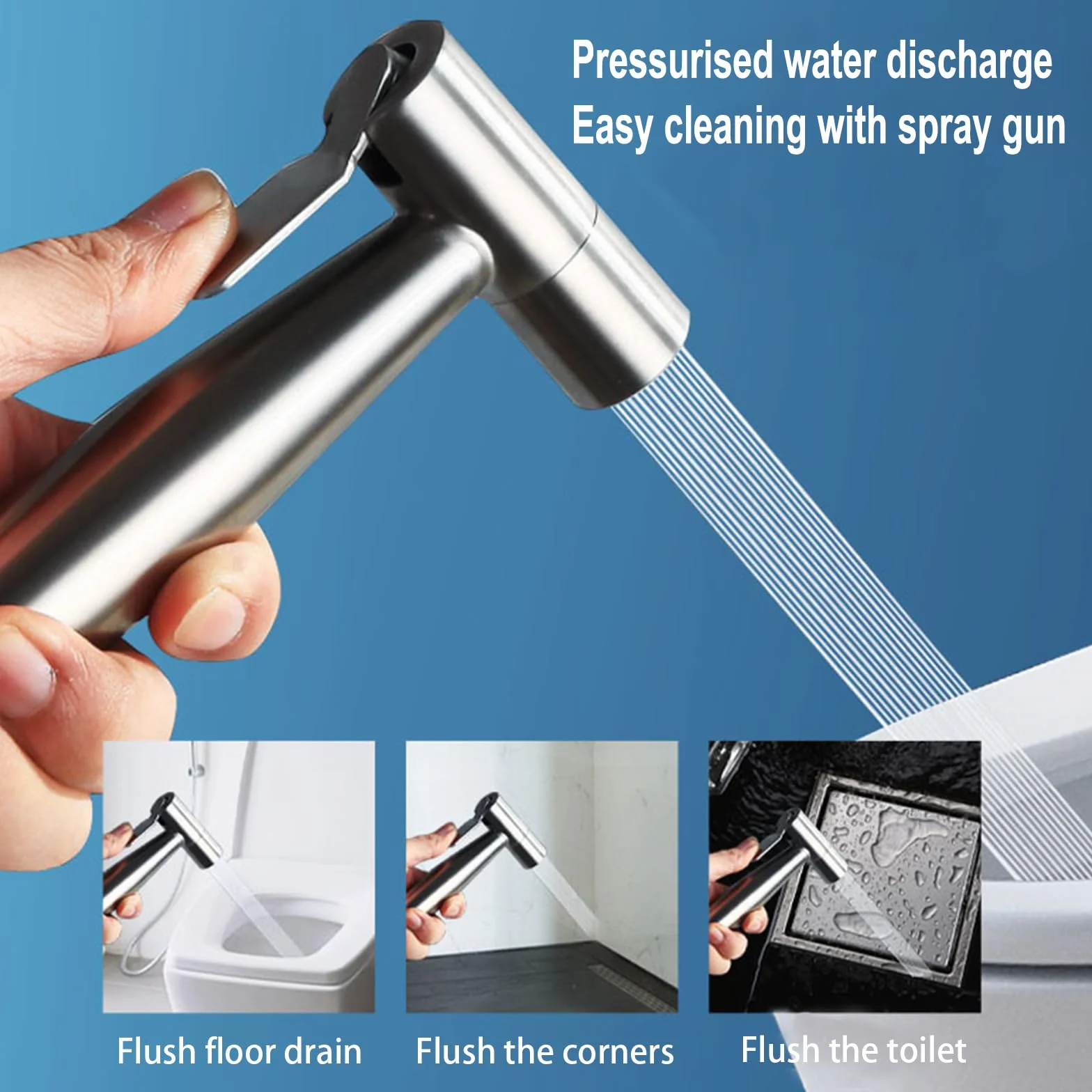 Bidet, ręczny spryskiwacz do toalety, podwójny tryb (Jet/Stream), do prysznica, łazienki, higieniczny papier toaletowy, czyszczenie pieluch, z zaworem G1/2" i G3/8" srebrny