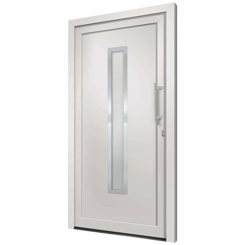 Białe przednie drzwi 108 x 200 cm, ramka z PCW z rdzeniem kanapkowym, 5-punktowy zamek na śrubę do grzybów, izolowane glazurowanie, regulowane zawiasy 3D, zestaw uchwytów ze stali nierdzewnej