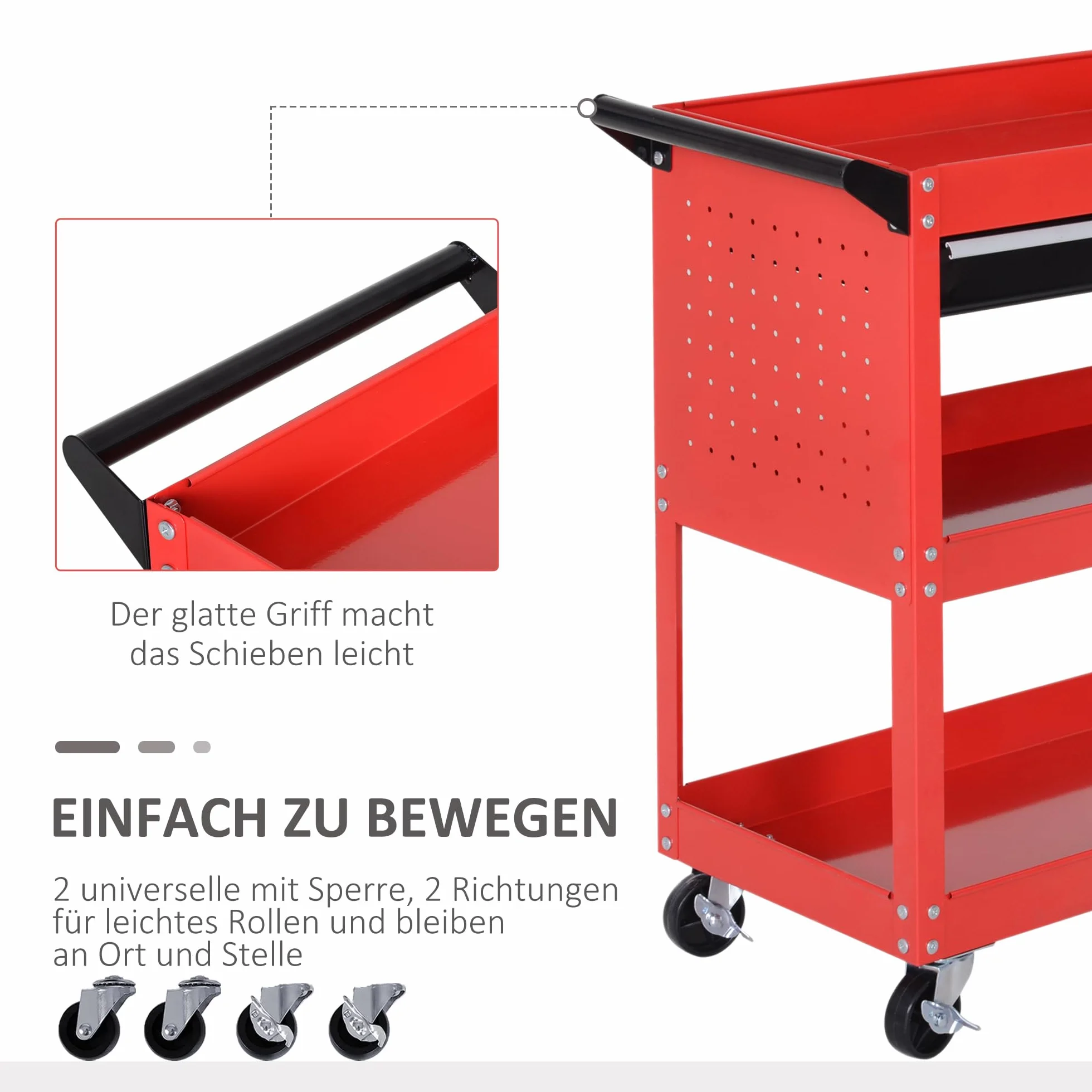 HOMCOM Wózek warsztatowy, wózek narzędziowy z 3 poziomami, wózek transportowy z szufladą, wózek montażowy do garażu, magazynu, maks. obciążenie 60 kg, czerwony