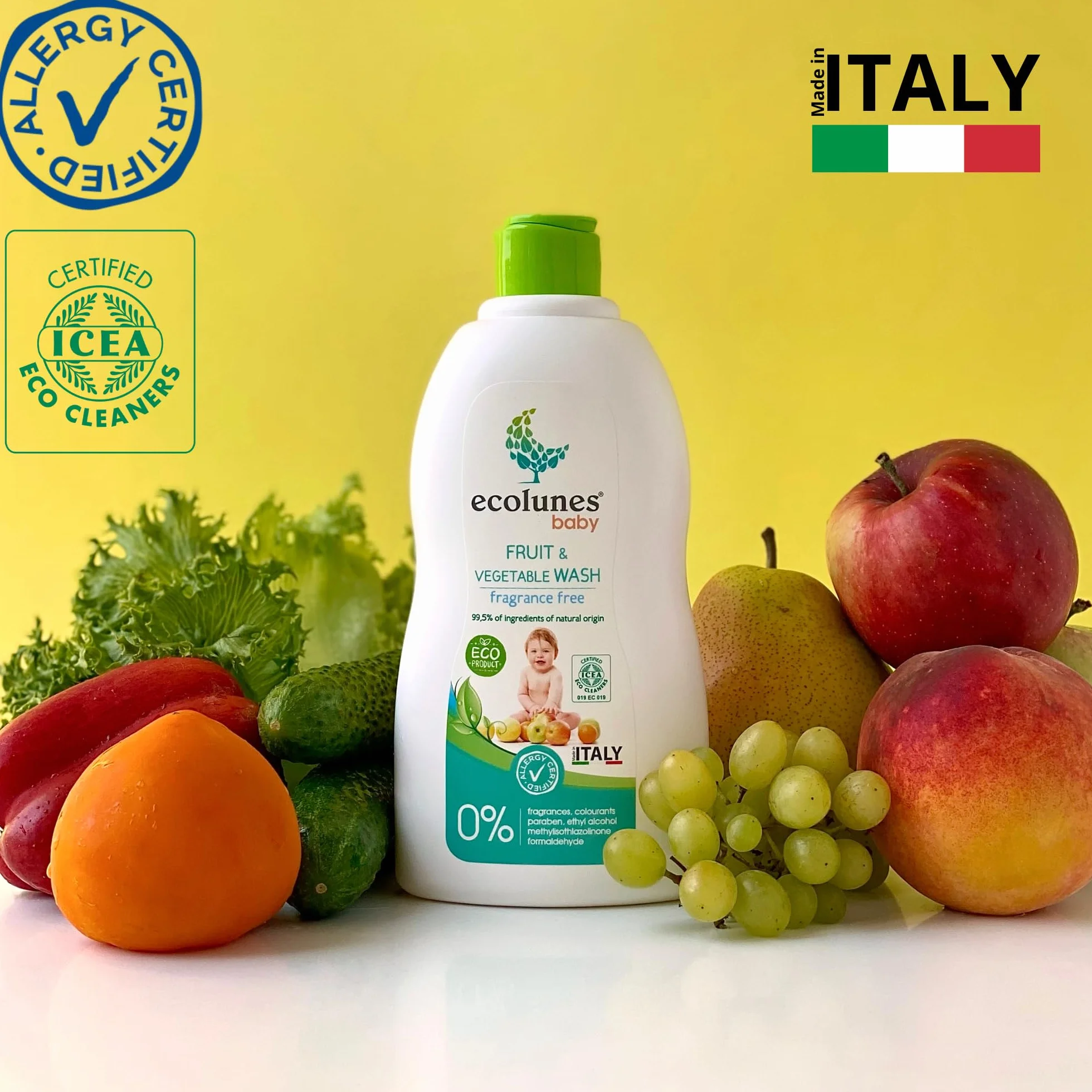Ecolunes Baby Fruit & Vegetable Wash hipoalergiczny płyn do mycia ciała dla dzieci z owocami i warzywami, bezzapachowy, 99,5% składników pochodzenia naturalnego, nie powoduje alergii, 500 ml