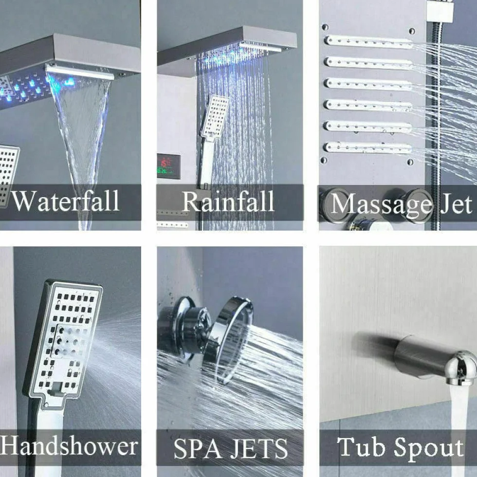 Panel prysznicowy ze szczotkowanego niklu LED, deszczownica, kran, system masażu, dysze do ciała