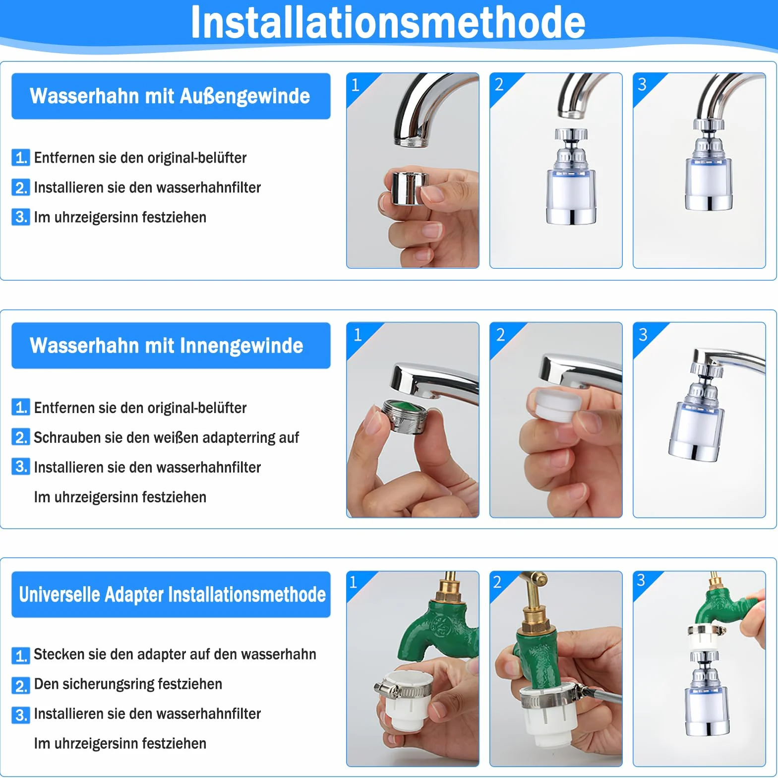 2 sztuki filtrów do wody, kran, filtr do wody pitnej, 360° filtr wody z kranu z 4 wkładami filtrującymi do wody, do kuchni, łazienki