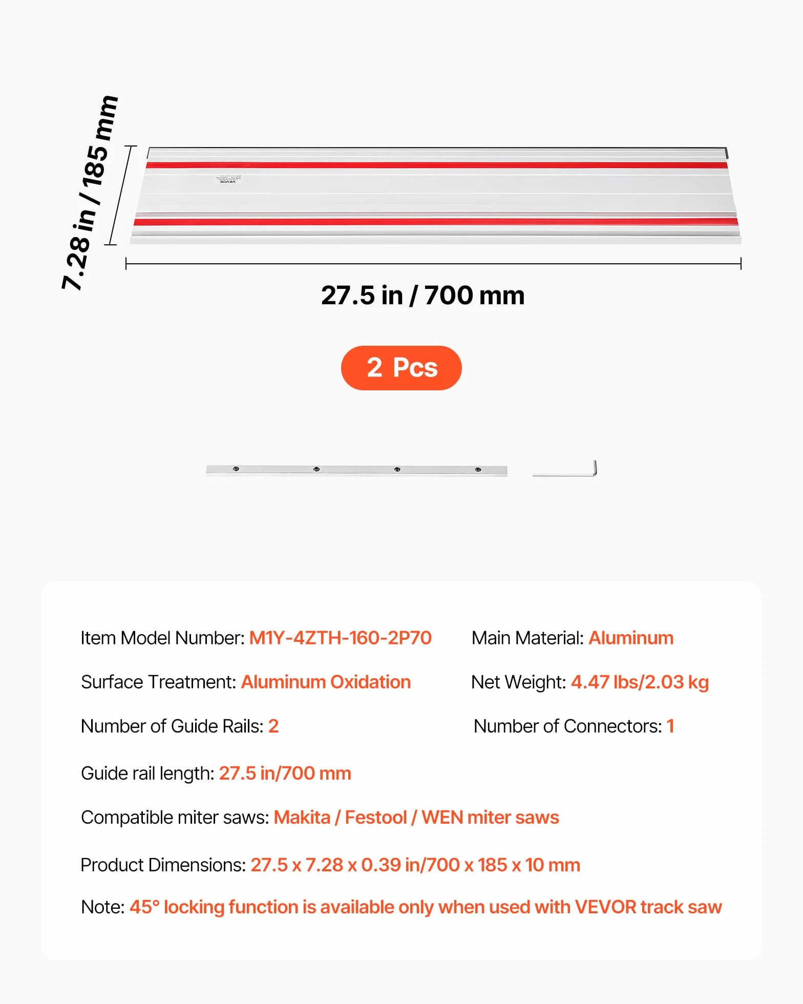 VEVOR Szyna prowadząca do piły gąsienicowej, zakres cięcia 140,7 cm, zestaw zawiera 2 wytłaczane aluminiowe prowadnice 69,8 cm i 1 złącze, kompatybilne z piłami szynowymi Makita