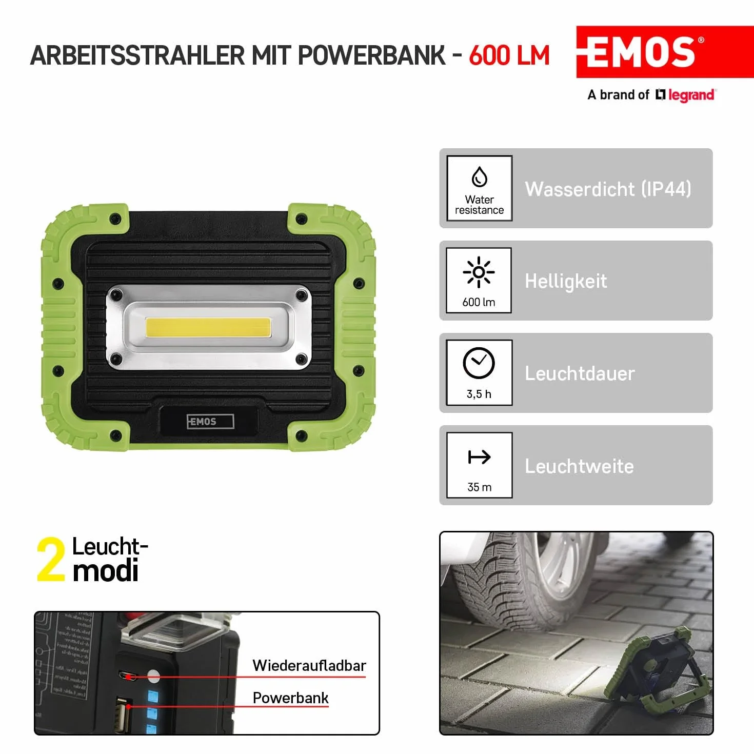 Emos Lampa Robocza Led, Czarny/Zielony, Zasięg 35 m