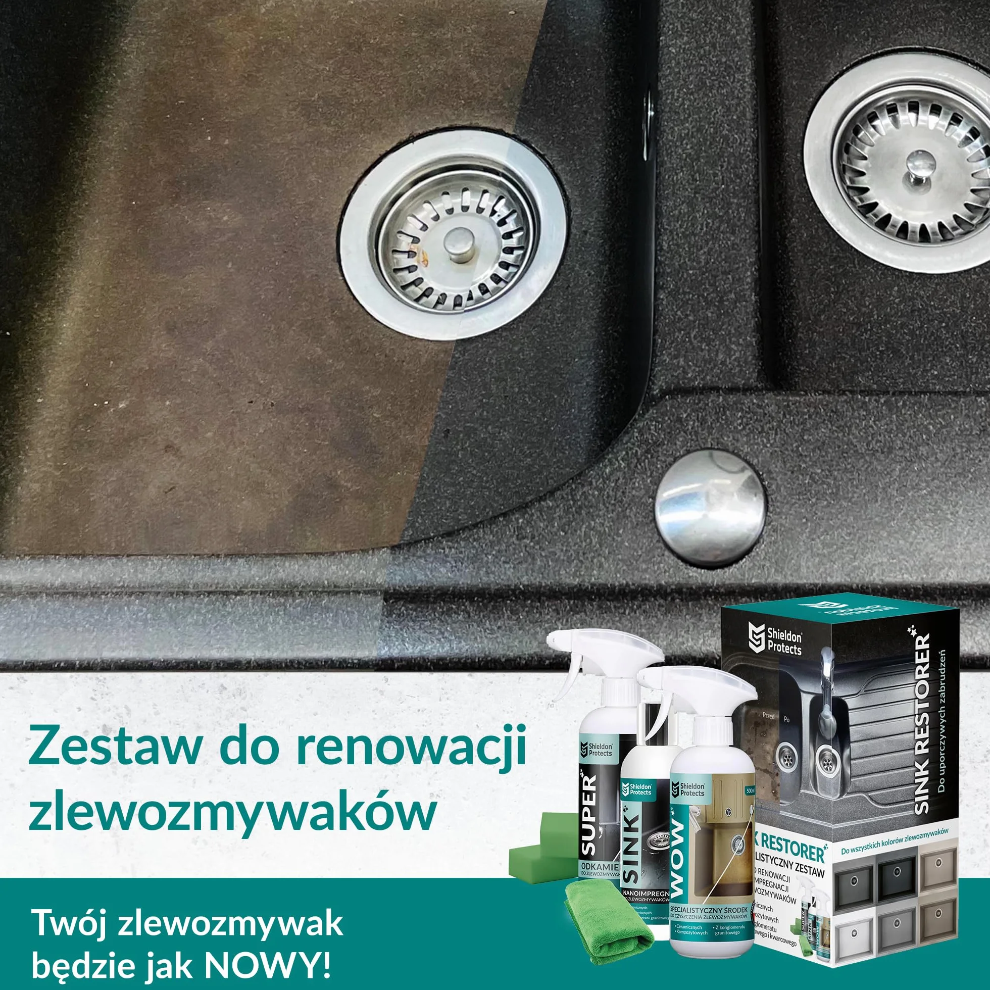 Shieldon Protects Sink Restorer - Zestaw do czyszczenia i renowacji zlewu granitowego, 3-etapowy system - silny środek do czyszczenia, odkamieniacz, impregnat + ściereczka z mikrofibry i 2 gąbki