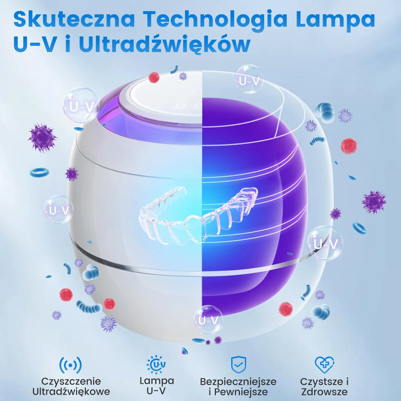SEANCHEER Czyszczarka ultradźwiękowa | 48kHz | 180ML | Ultradźwiękowe Urządzenie Czyszczące z Lampą UV Do | Protez | Retainerów | Alignerów | Szyn Zębowych | Nakładek Nocnych | (Biały)
